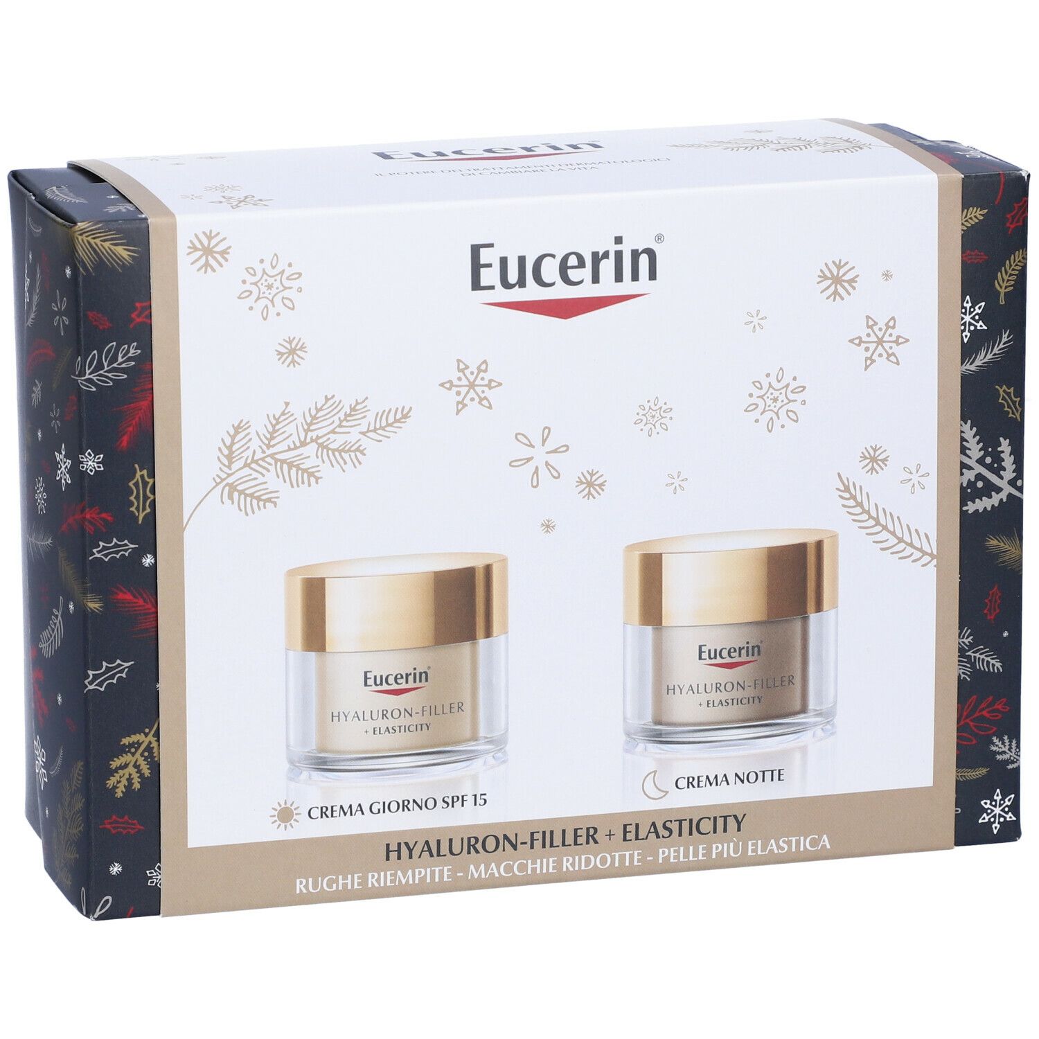 Confezione regalo con due creme. Logo Eucerin in alto. "HYALURON-FILLER + ELASTICITY" e "CREMA GIORNO SPF 15" e "CREMA NOTTE" sotto.