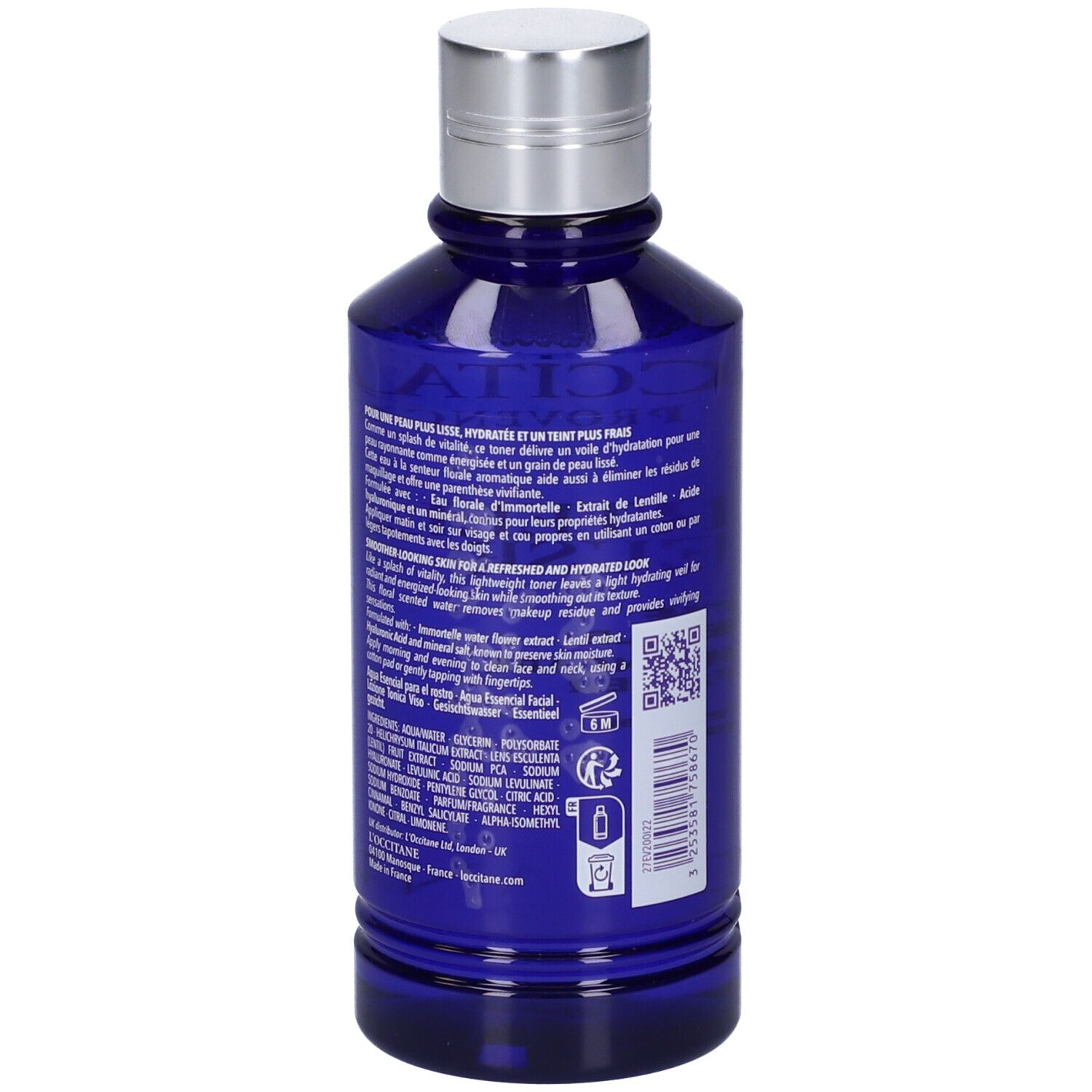 Flacone blu con tappo argentato. Retro con testo e codice QR. Scritta: L'Occitane, 200 ml.