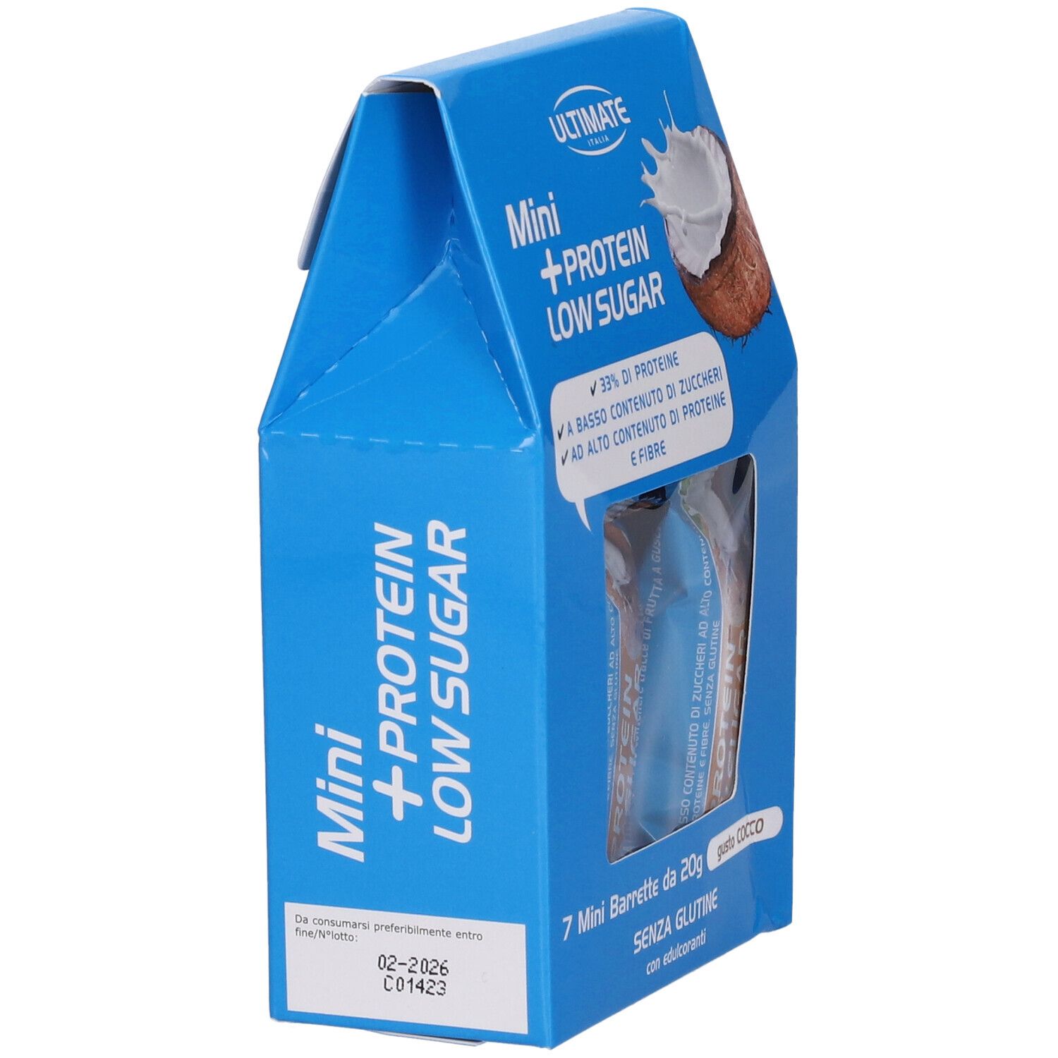 Confezione blu 'ULTIMATE' con 'Mini + Protein Low Sugar'. Vista laterale. 7 barrette, illustrazione cocco.