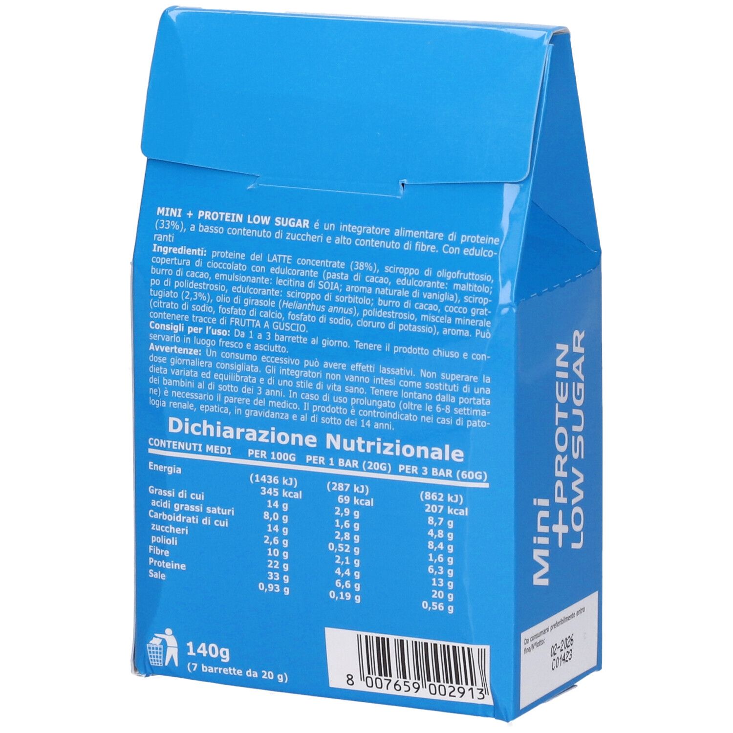 Confezione blu 'ULTIMATE' con 'Mini + Protein Low Sugar'. Retro con informazioni nutrizionali e ingredienti.