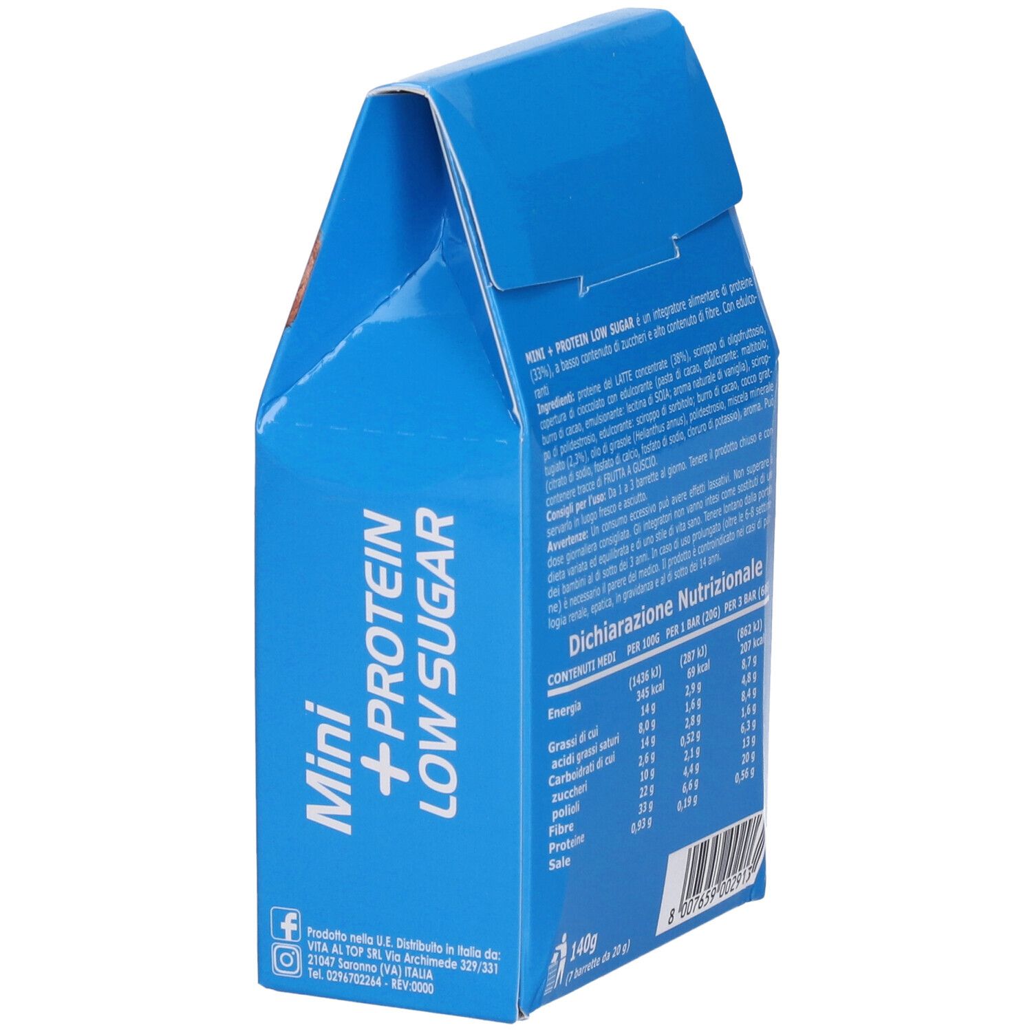 Confezione blu 'ULTIMATE' con 'Mini + Protein Low Sugar'. Retro con informazioni nutrizionali.