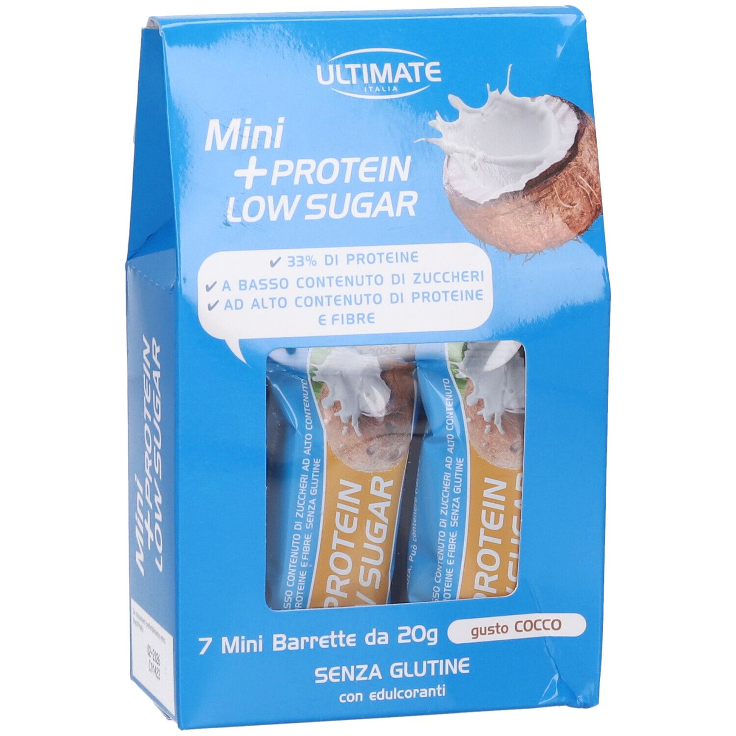 Confezione blu 'ULTIMATE' con 'Mini + Protein Low Sugar'. Contiene 3 barrette. Illustrazione cocco.