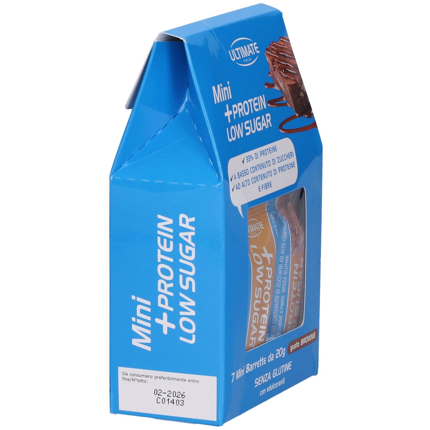 Confezione blu Ultimate Mini +Protein Low Sugar. Vista laterale con informazioni e data di scadenza.