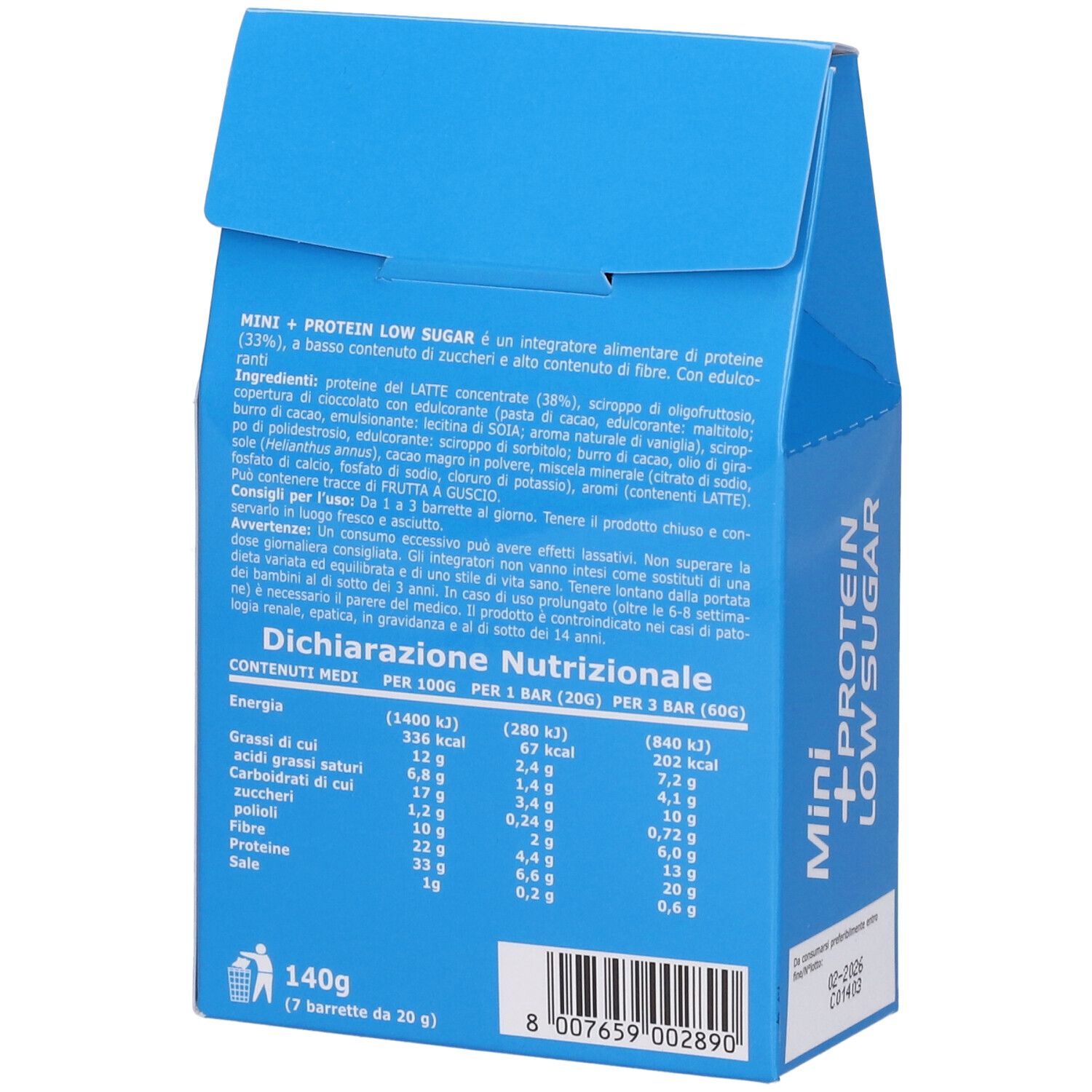 Confezione blu Ultimate Mini +Protein Low Sugar. Retro con informazioni nutrizionali e lista ingredienti.
