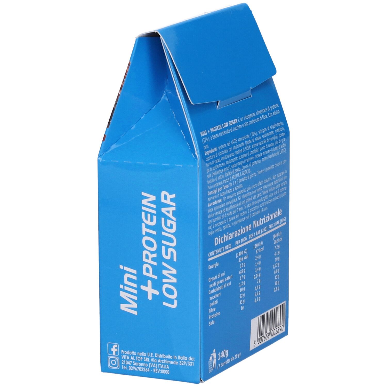 Confezione blu Ultimate Mini +Protein Low Sugar. Retro con informazioni nutrizionali e contatti.