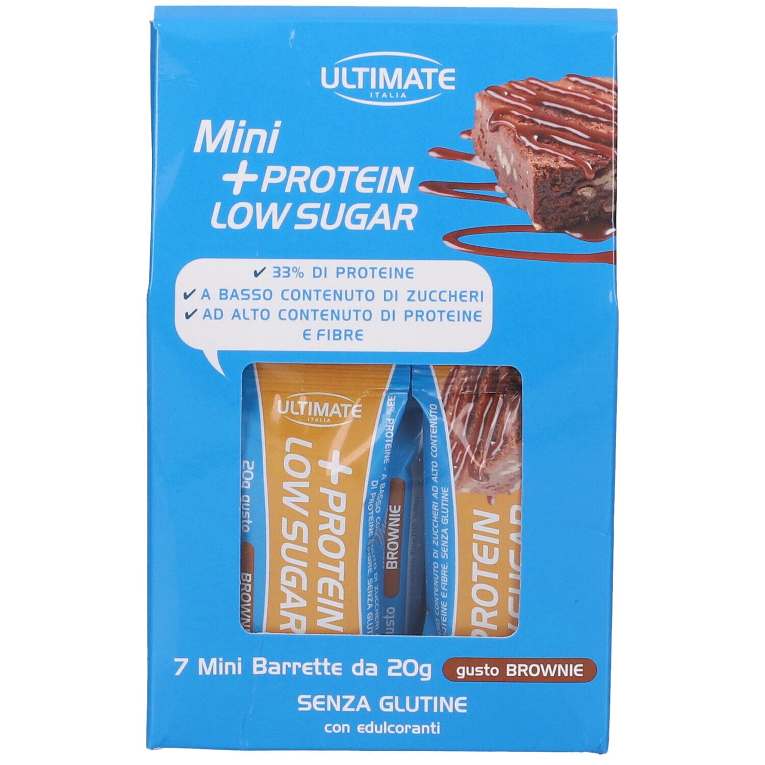 Confezione blu Ultimate Mini +Protein Low Sugar. Contiene 7 barrette, senza glutine, con edulcoranti.