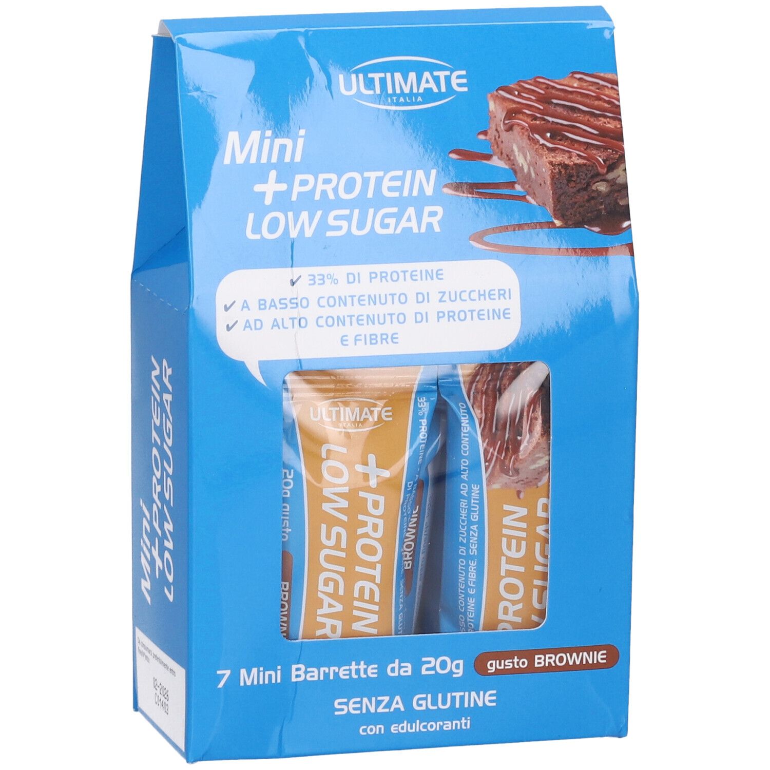 Confezione blu Ultimate Mini +Protein Low Sugar. Contiene 7 barrette, senza glutine, con edulcoranti.