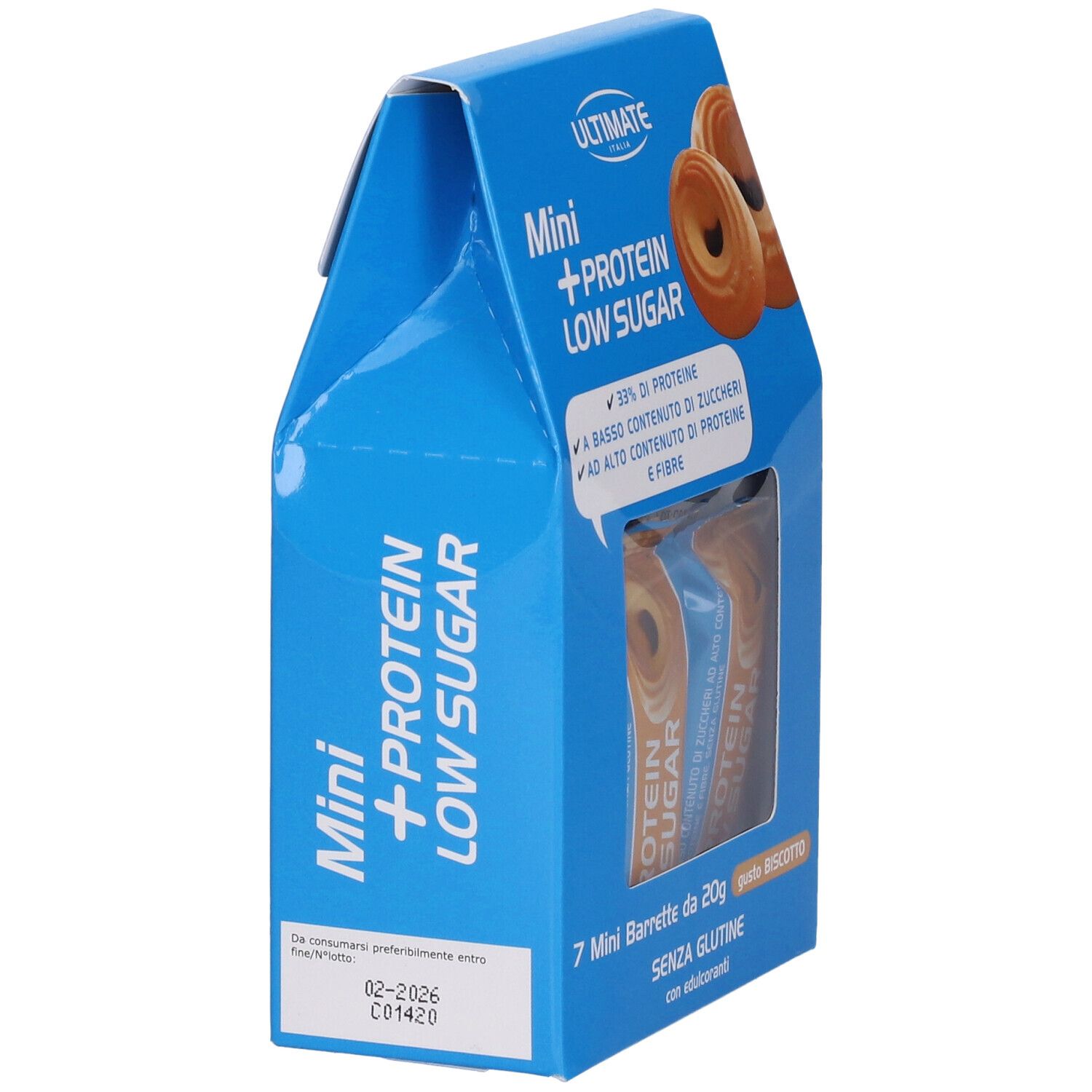 Confezione blu, vista laterale. Scritta: Mini + Protein Low Sugar. Contiene 7 mini barrette. Senza glutine.