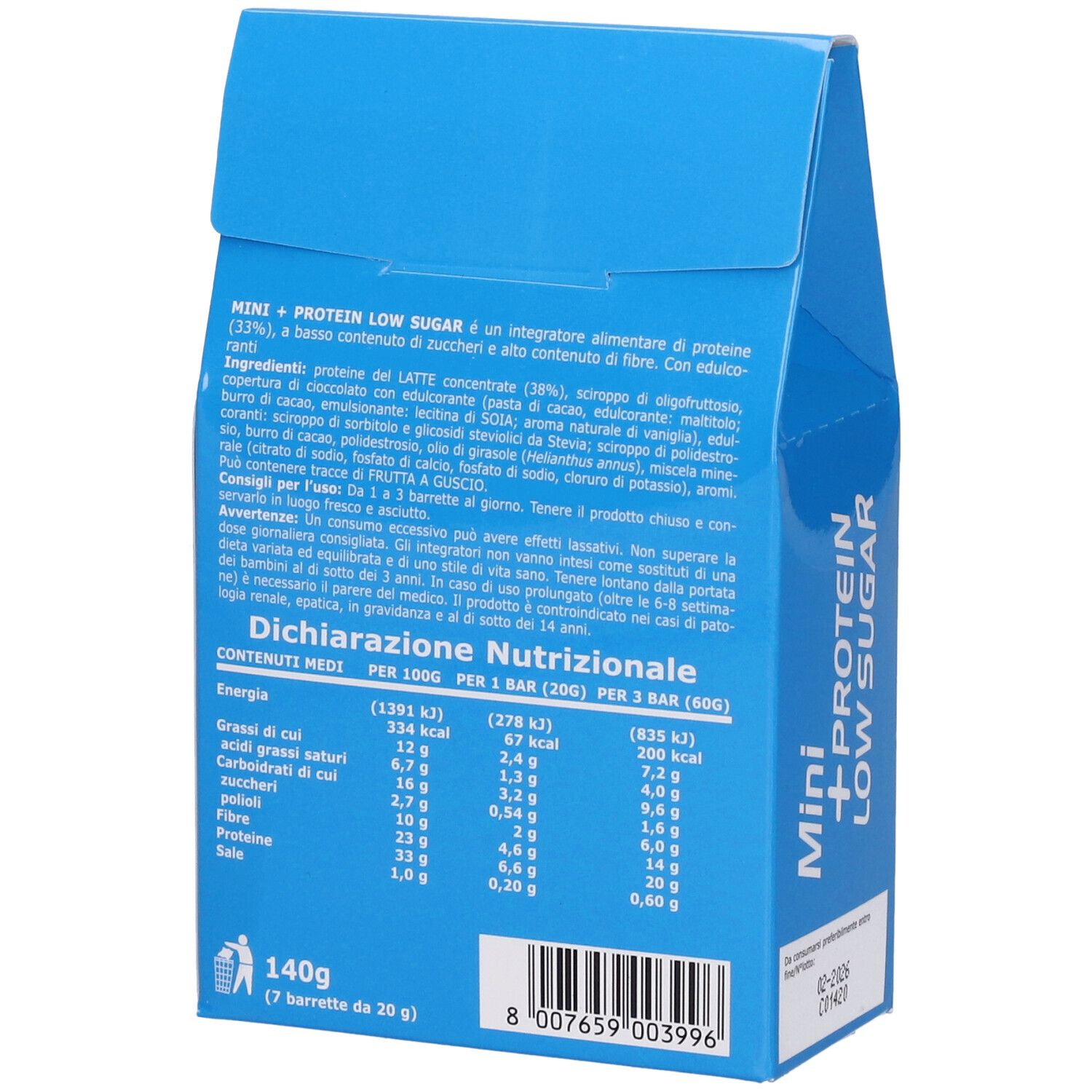 Retro della confezione blu. Contiene informazioni nutrizionali e lista ingredienti. Scritta: Mini + Protein Low Sugar.