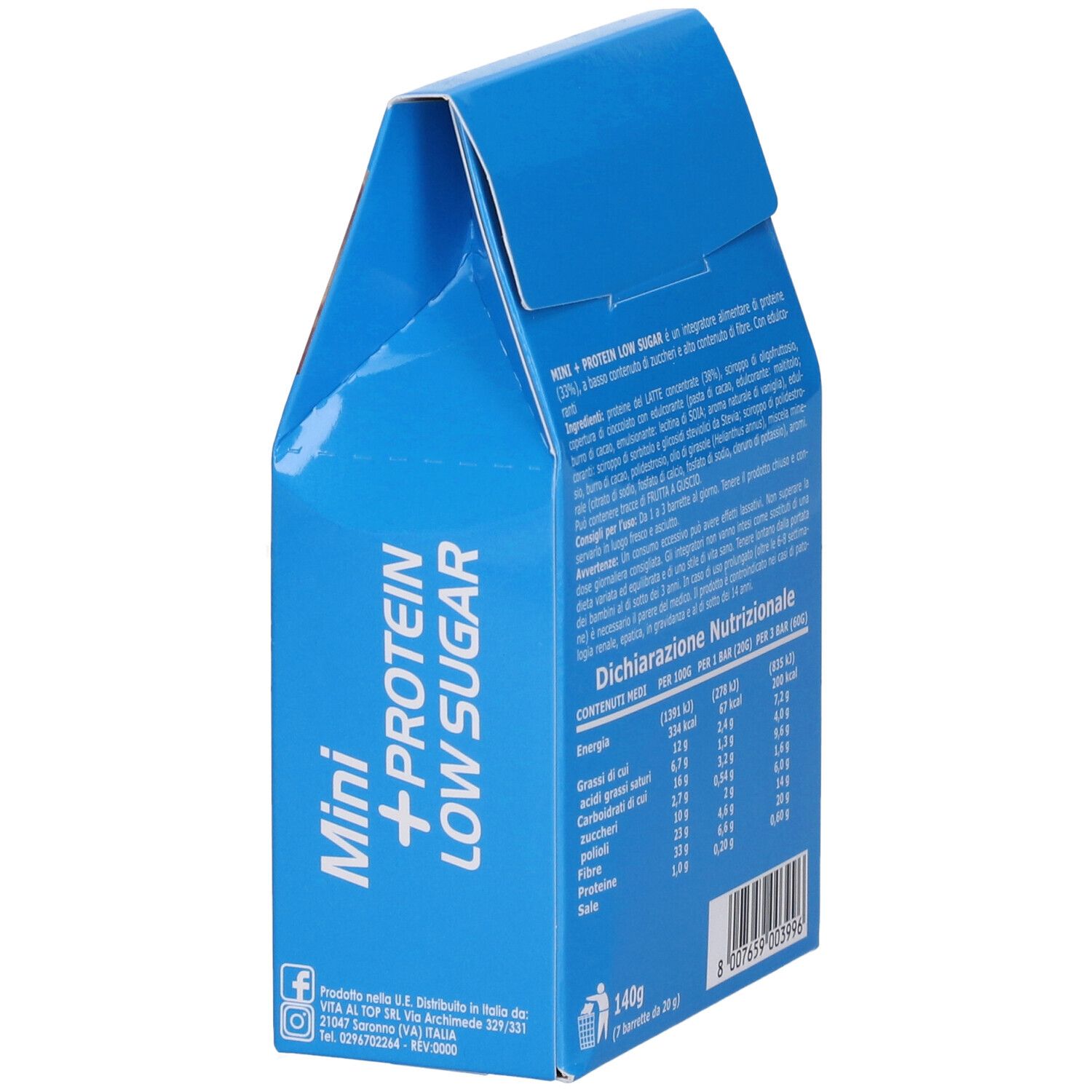 Vista posteriore della confezione blu. Contiene informazioni nutrizionali. Scritta: Mini + Protein Low Sugar.