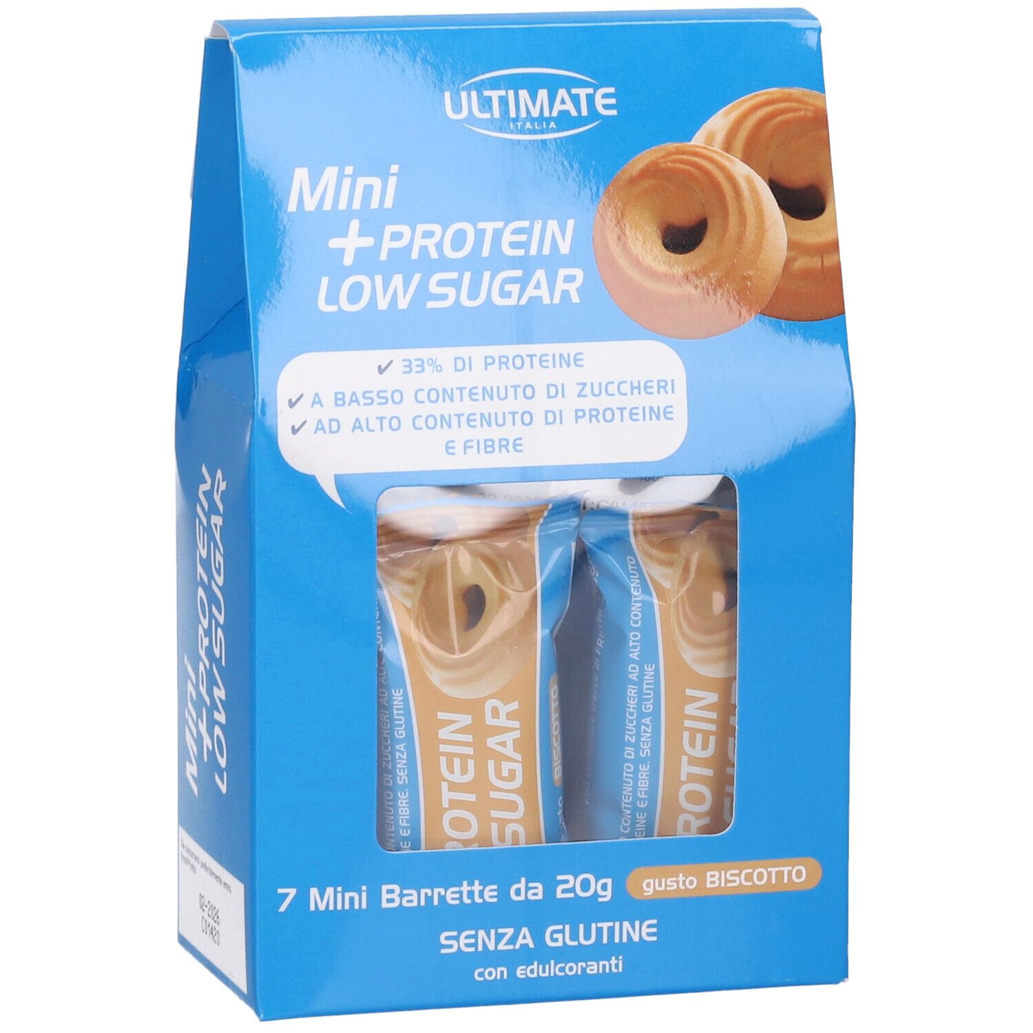 Confezione blu con biscotti. Scritta: Mini + Protein Low Sugar. Contiene 7 mini barrette. Senza glutine.
