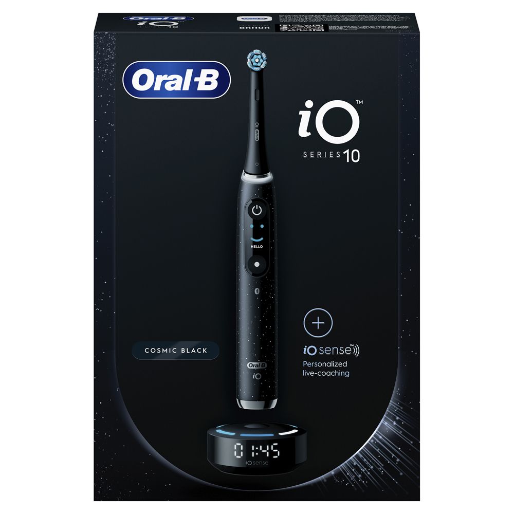 Spazzolino elettrico nero in confezione. Oral-B iO Series 10, Cosmic Black. Con base di ricarica.