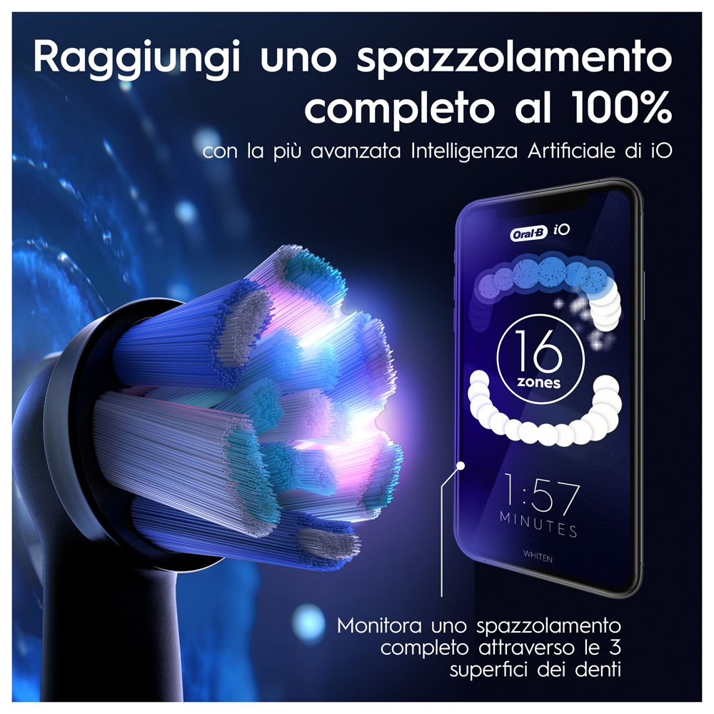 Primo piano della testina. Display sullo smartphone. Testo: 16 zone, 1:57 minuti. Oral-B iO.