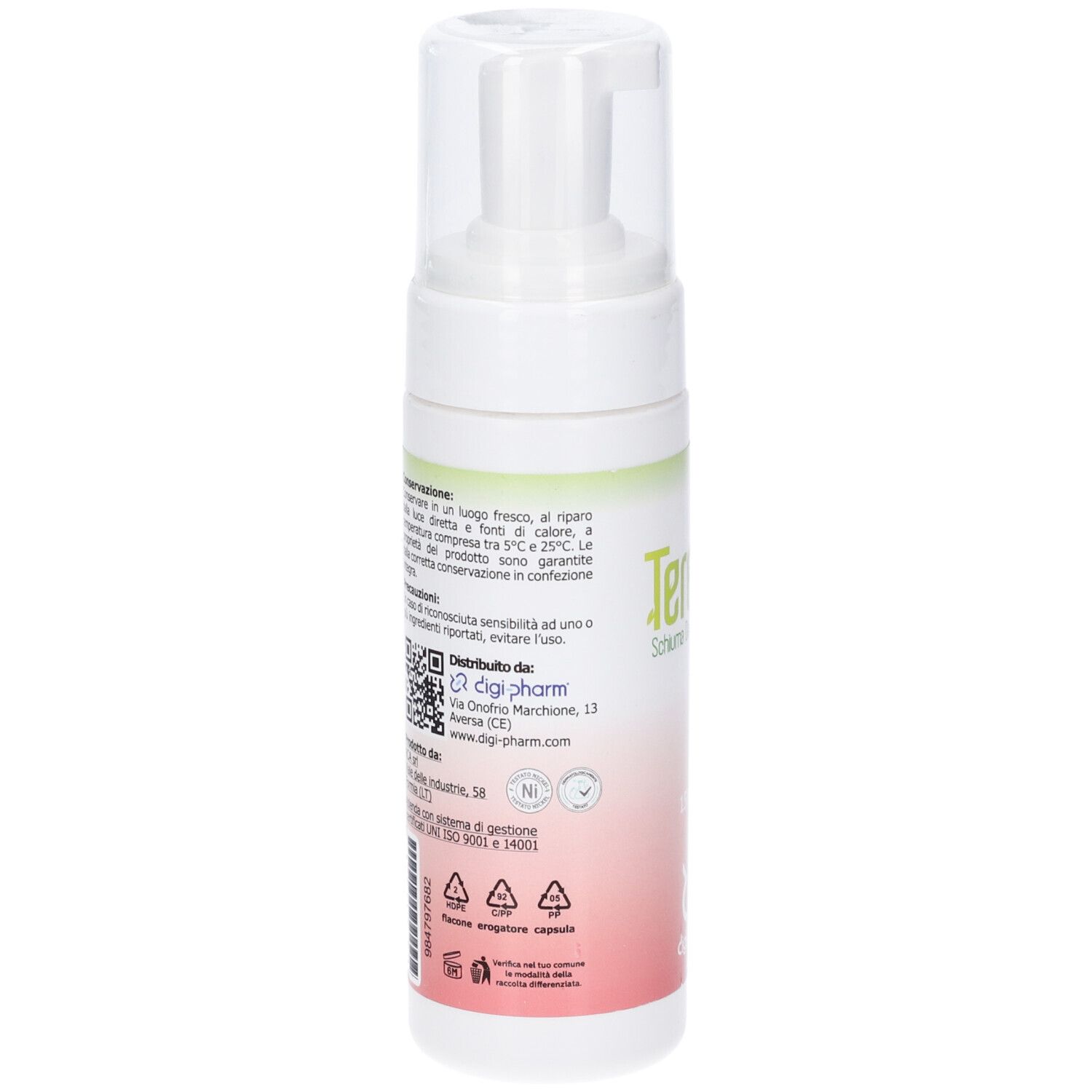 Retro del flacone di schiuma detergente intima Terexid con informazioni sul prodotto.
