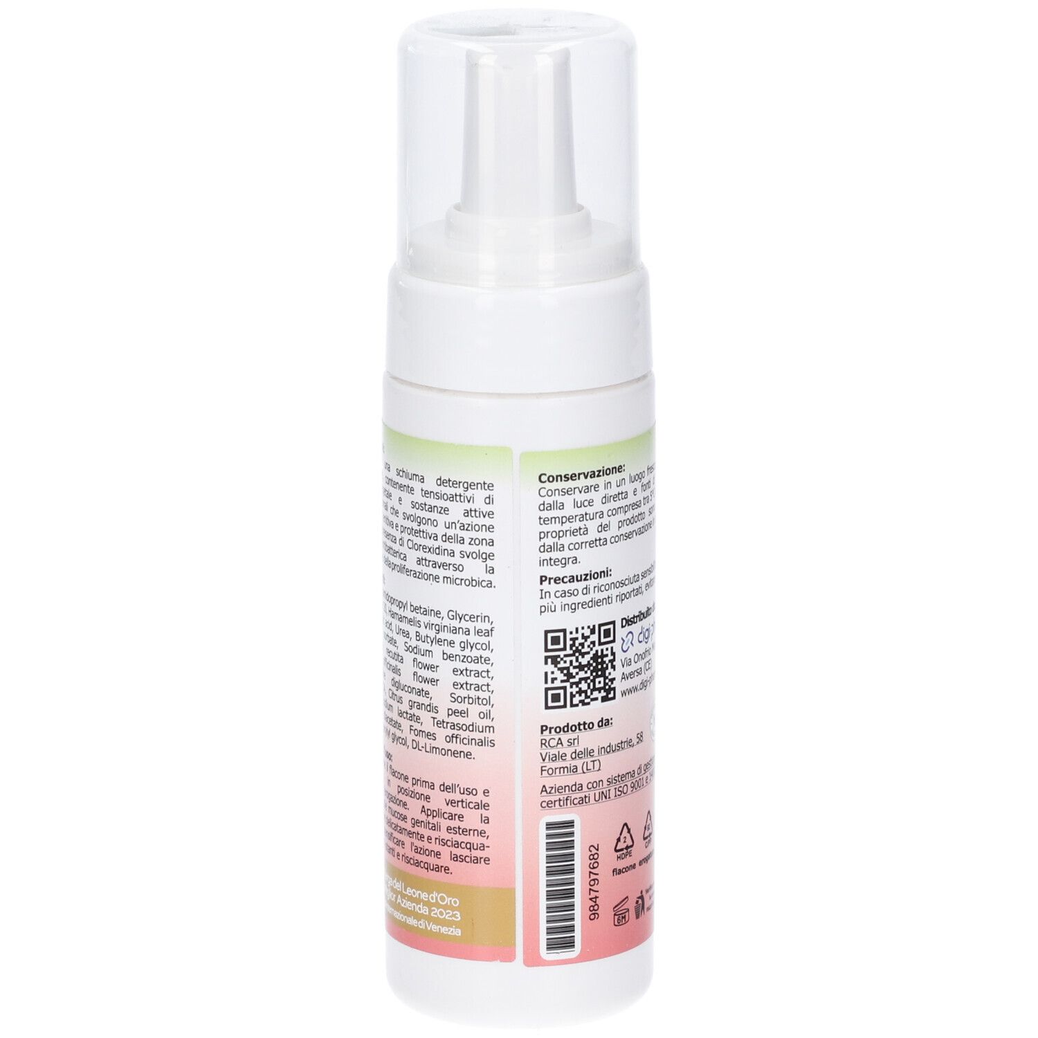 Lato del flacone di schiuma detergente intima Terexid con ingredienti e istruzioni.