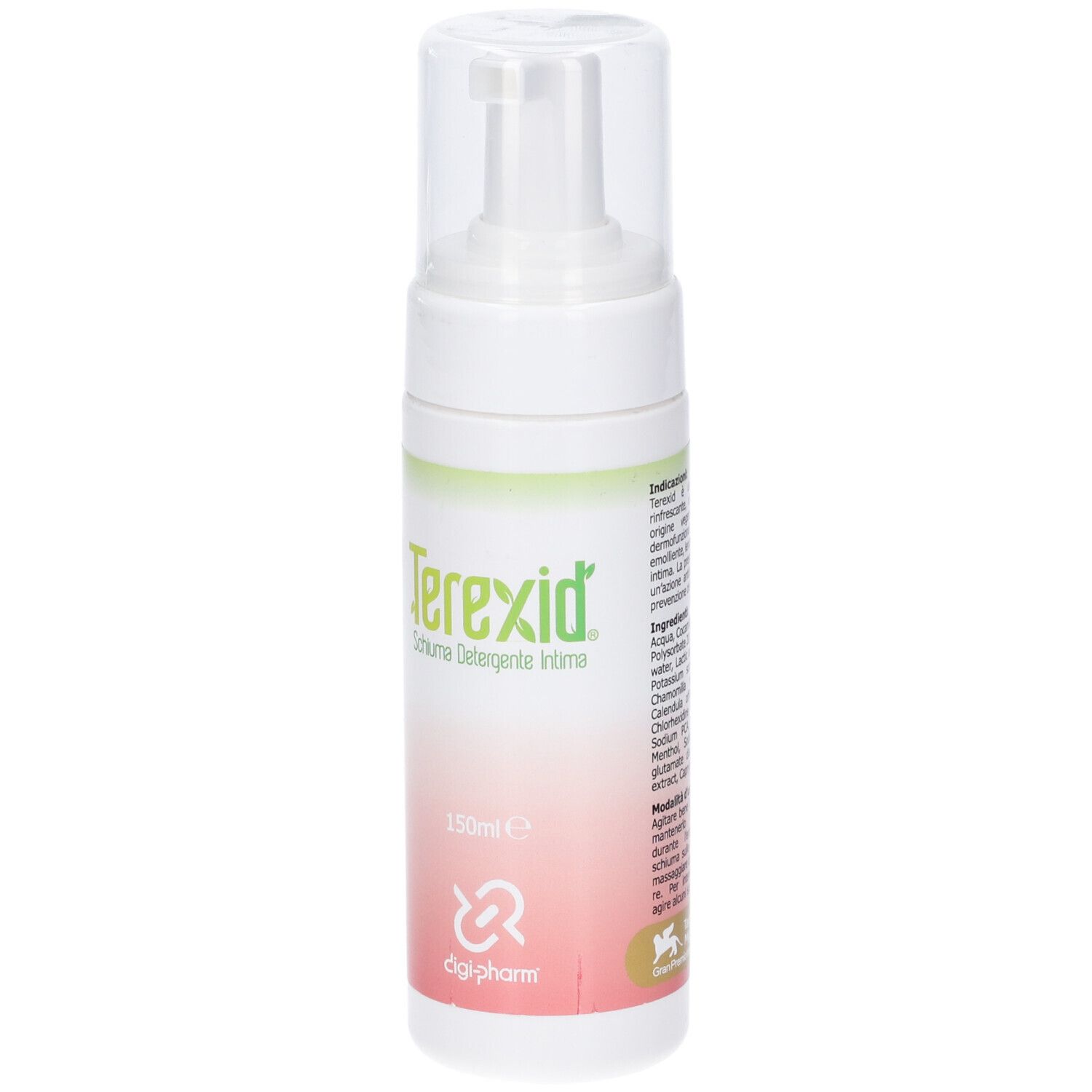 Flacone di schiuma detergente intima Terexid con dispenser ed etichetta.