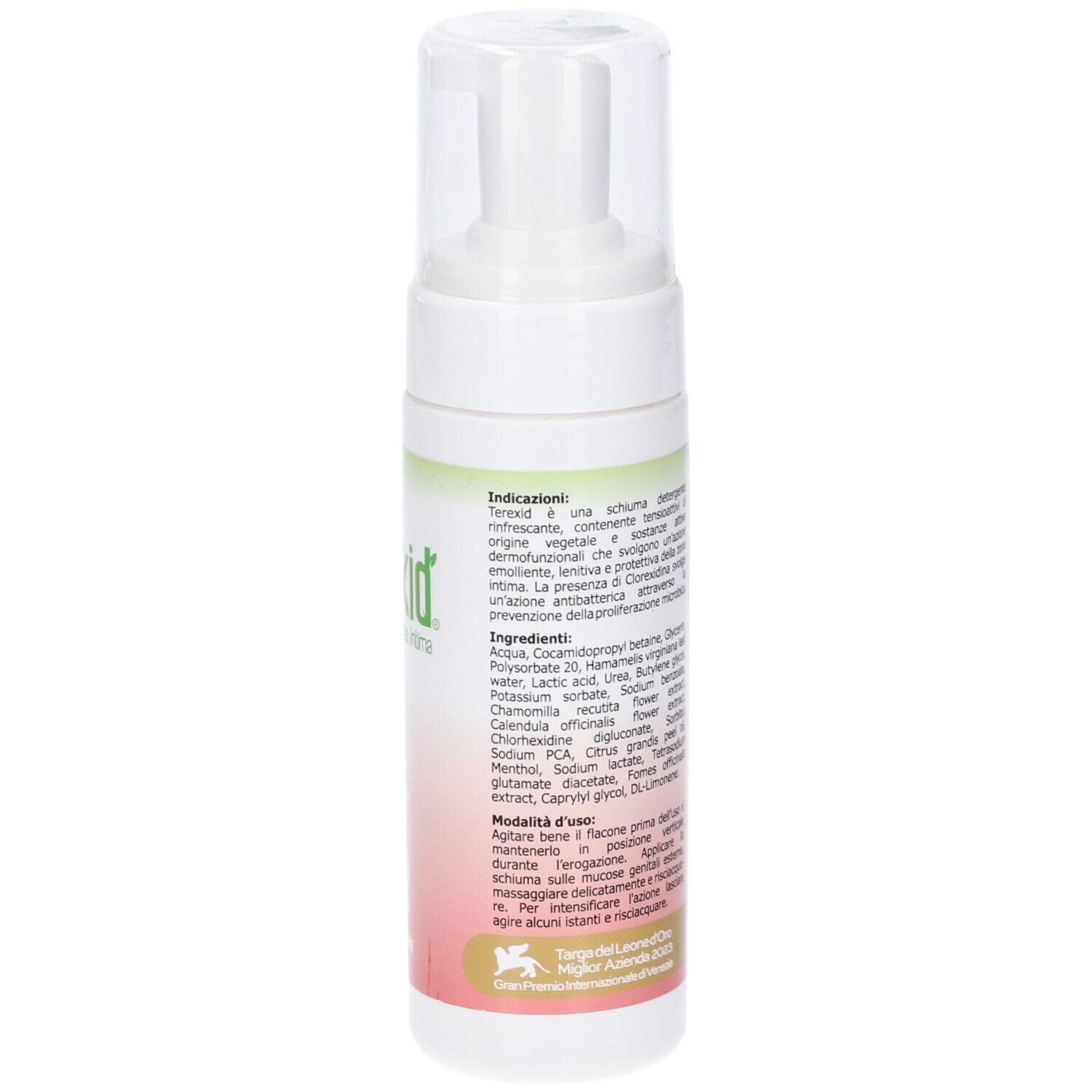 Fronte del flacone di schiuma detergente intima Terexid con indicazioni d'uso.