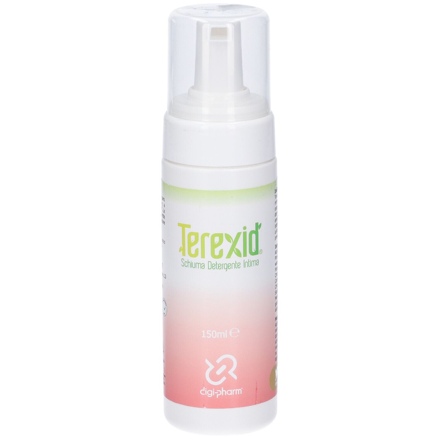 Flacone di schiuma detergente intima Terexid con dispenser ed etichetta.