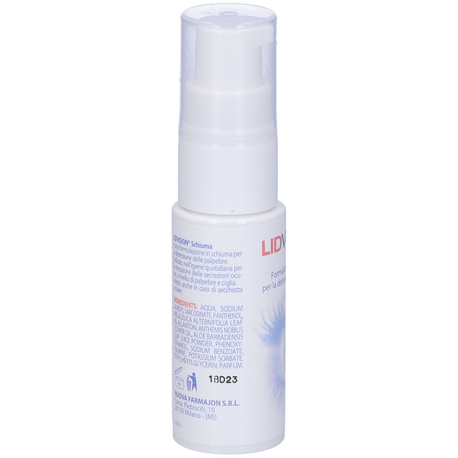 Flacone bianco con pompa. Scritta: LIDVISION SCHIUMA. Elenco ingredienti e informazioni produttore.