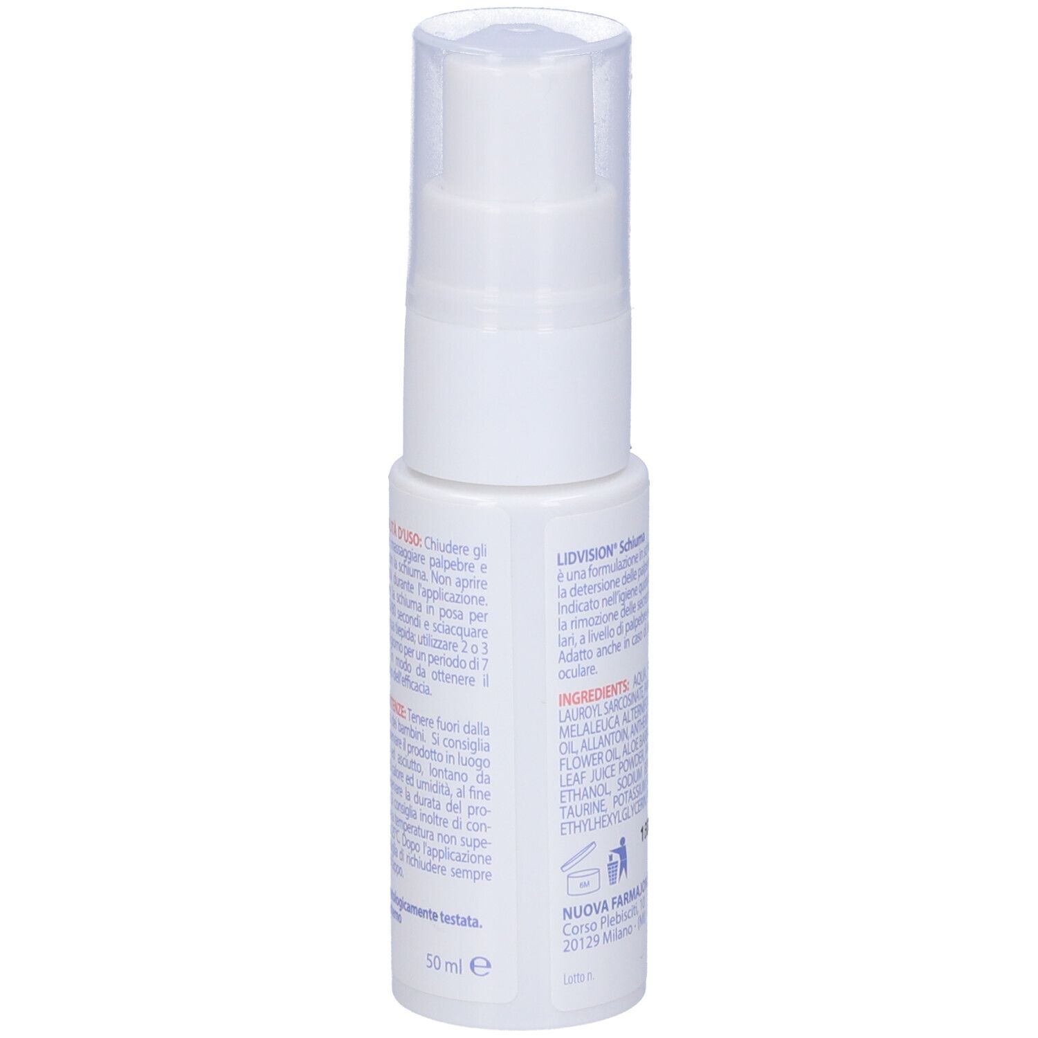 Flacone bianco con pompa. Scritta: LIDVISION SCHIUMA. Testo con istruzioni per l'uso.