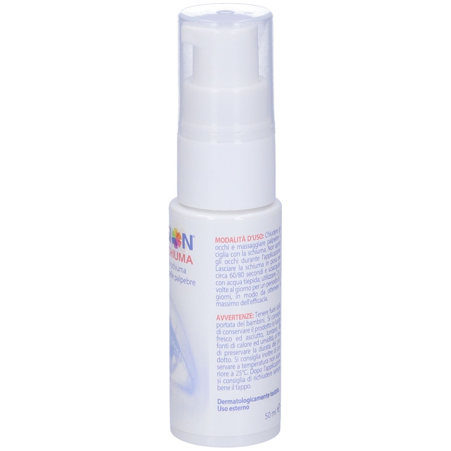 Flacone bianco con pompa. Scritta: LIDVISION SCHIUMA. Testo con istruzioni per l'uso.