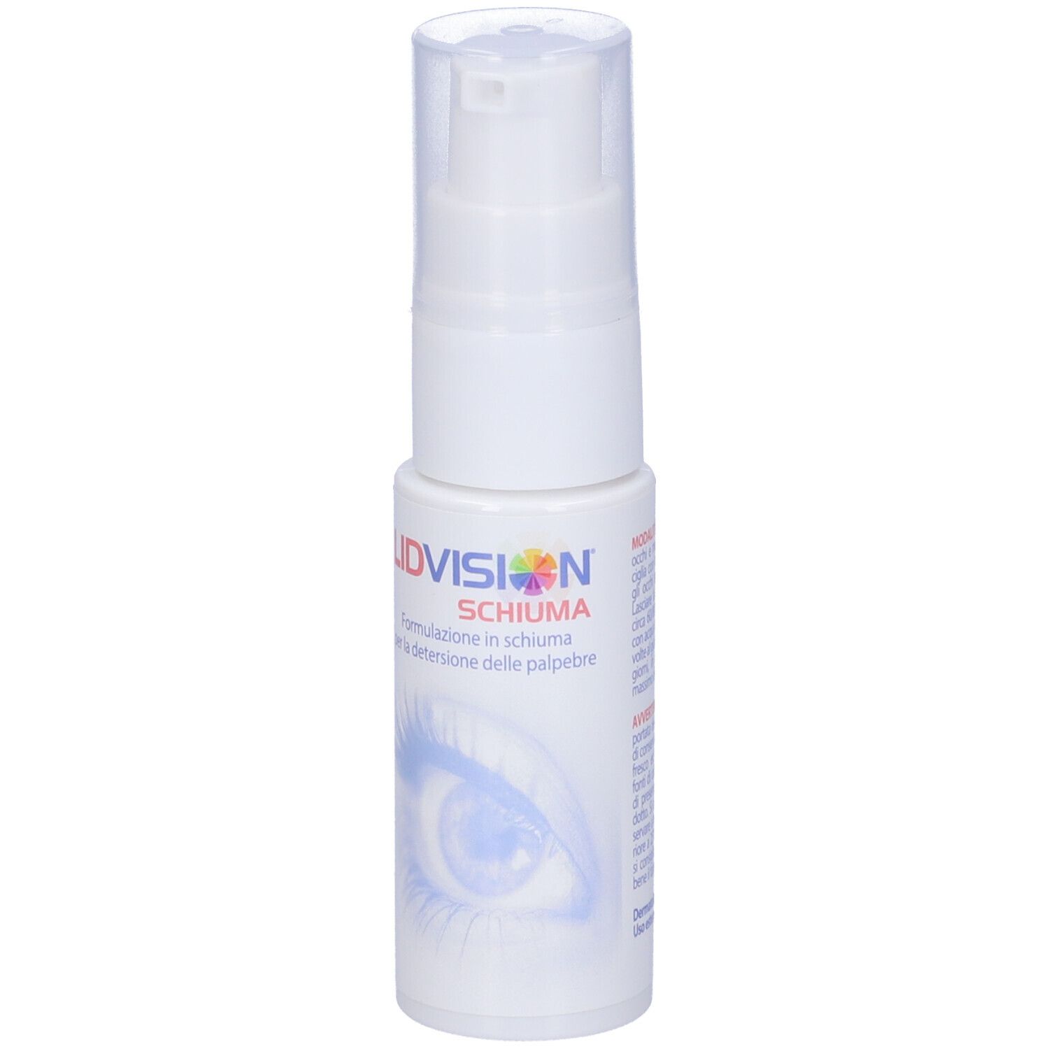 Flacone bianco con pompa. Scritta: LIDVISION SCHIUMA. Illustrazione di un occhio.