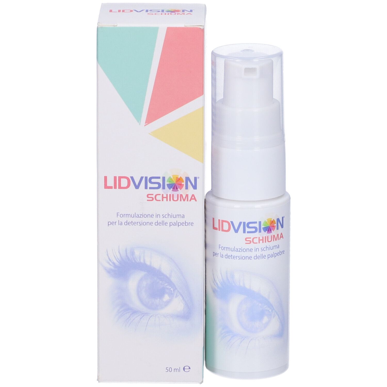 Prodotto e confezione. Flacone bianco con pompa e scatola. Scritta: LIDVISION SCHIUMA.