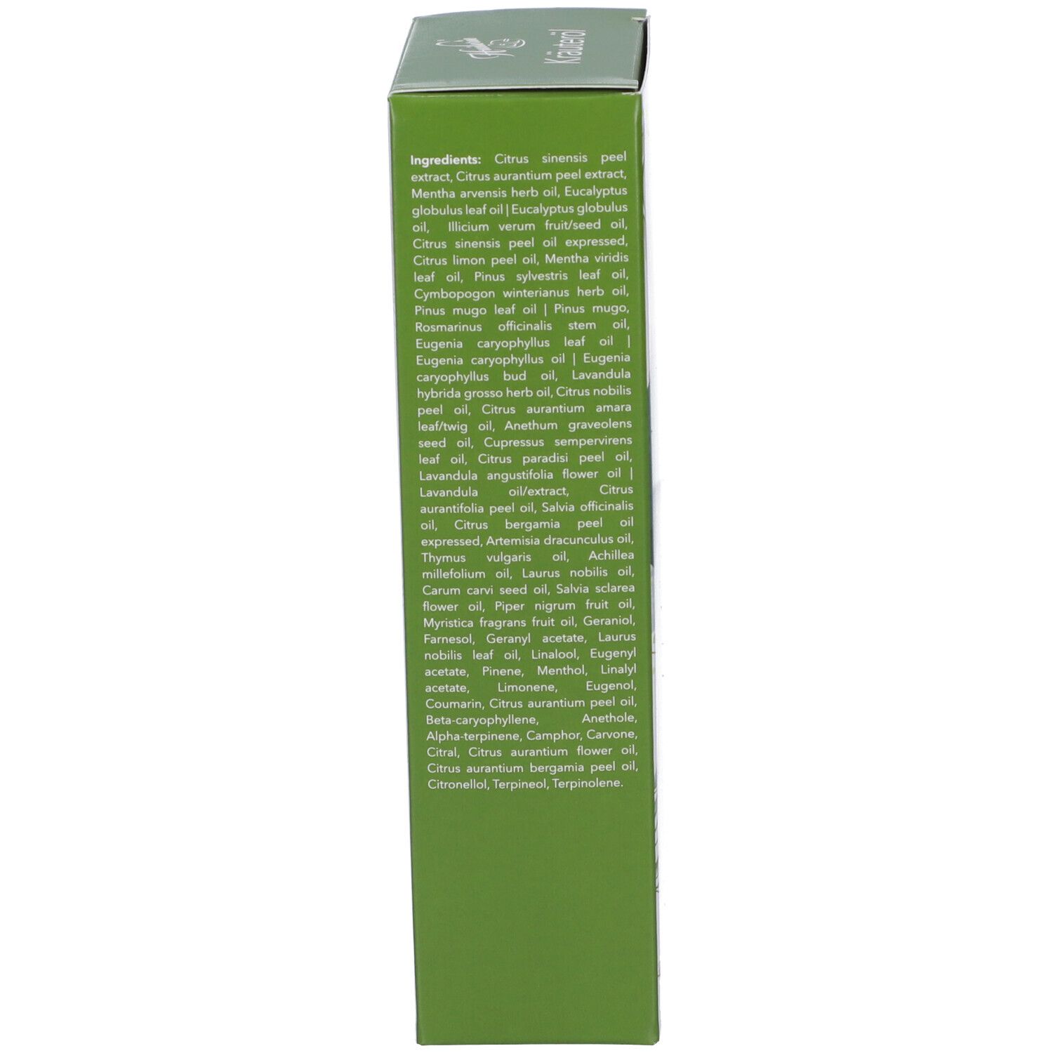 Confezione verde con elenco ingredienti. Testo in italiano. Contiene un elenco di oli essenziali.