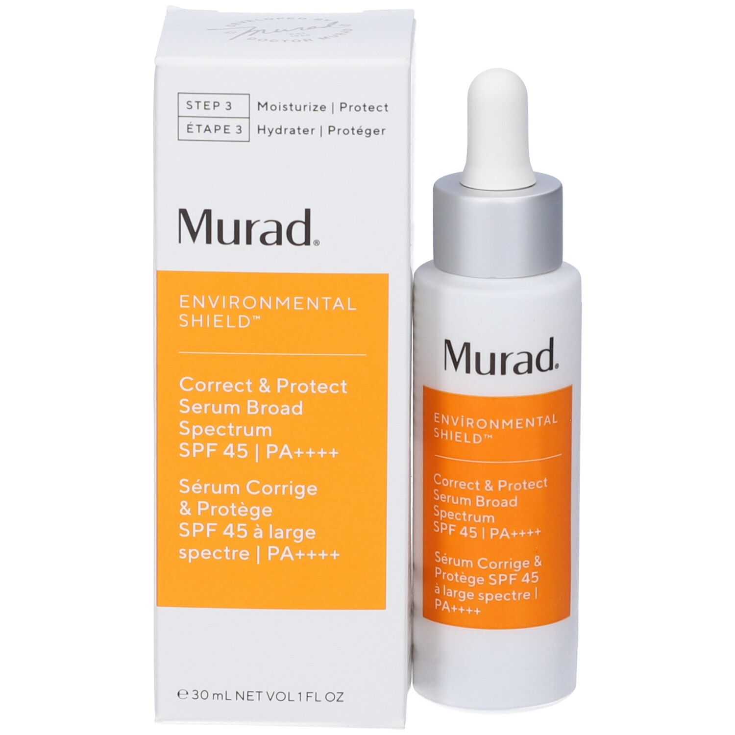 Flacone e confezione del prodotto. Flacone bianco con etichetta arancione. Marchio Murad.