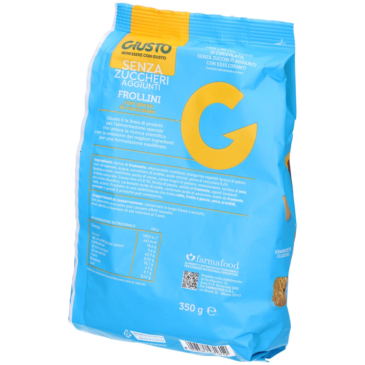 Giusto Senza Zucchero Frollini Gocce Cioccolato Senza Zucchero 350 G