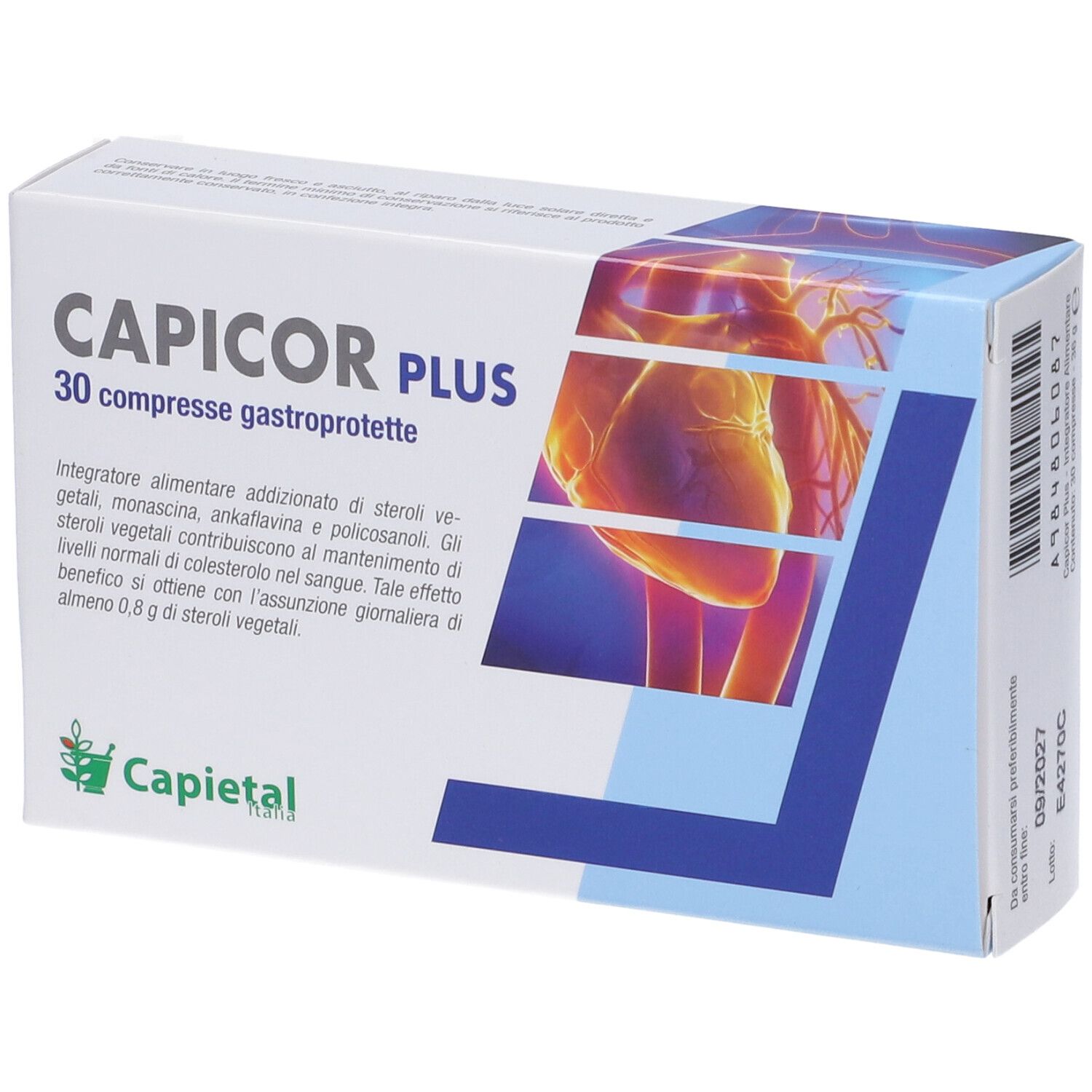 Scatola Capicor Plus, 30 compresse gastroprotette. Scritta: CAPICOR PLUS, 30 compresse gastroprotette. Logo Capietal. Immagine di un cuore. Vista laterale.