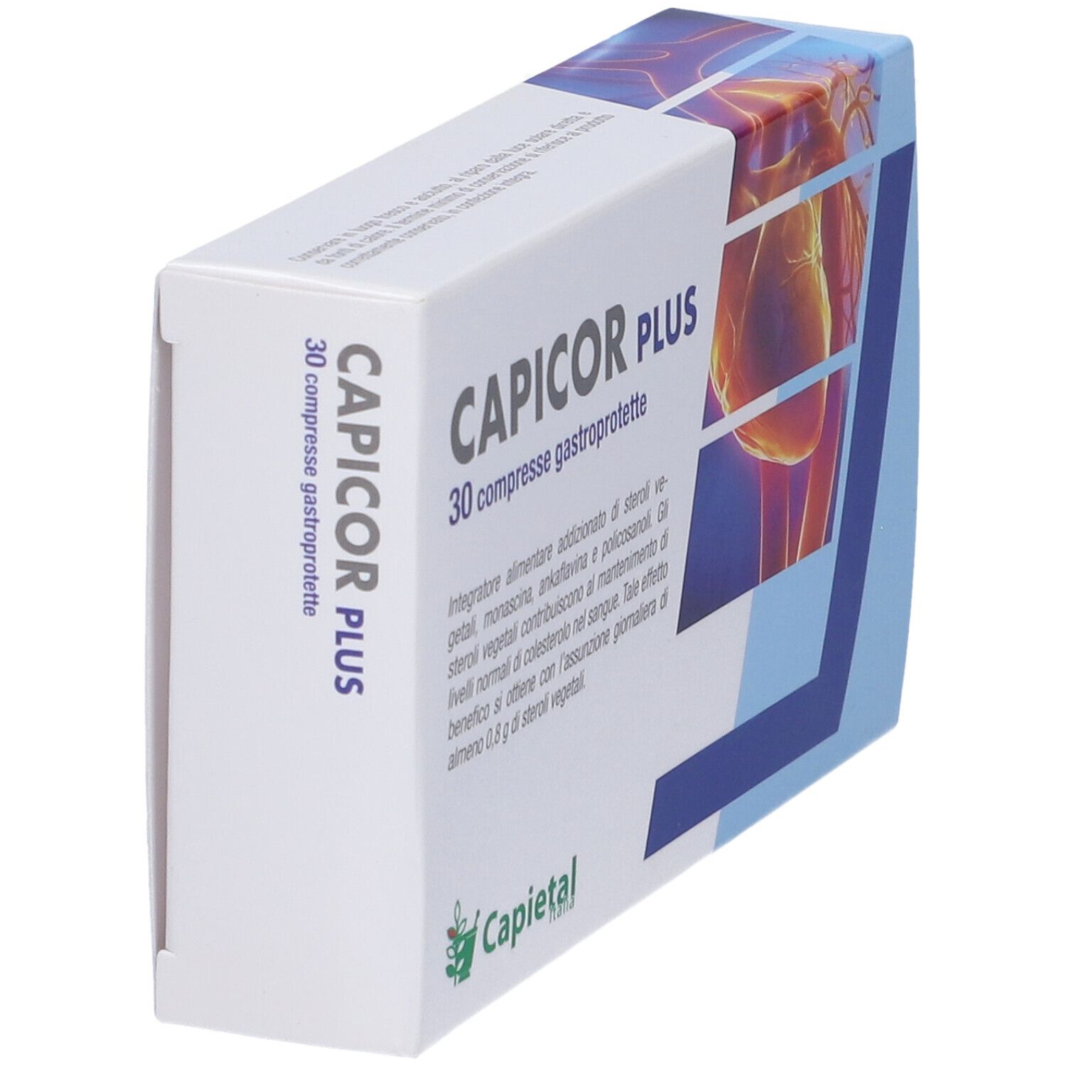 Scatola Capicor Plus, 30 compresse gastroprotette. Scritta: CAPICOR PLUS, 30 compresse gastroprotette. Logo Capietal. Vista laterale.