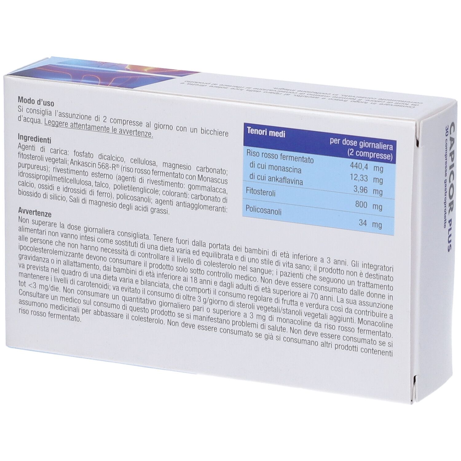 Retro della scatola Capicor Plus. Scritta: CAPICOR PLUS, 30 compresse gastroprotette. Ingredienti e dosaggio. Testo in italiano.