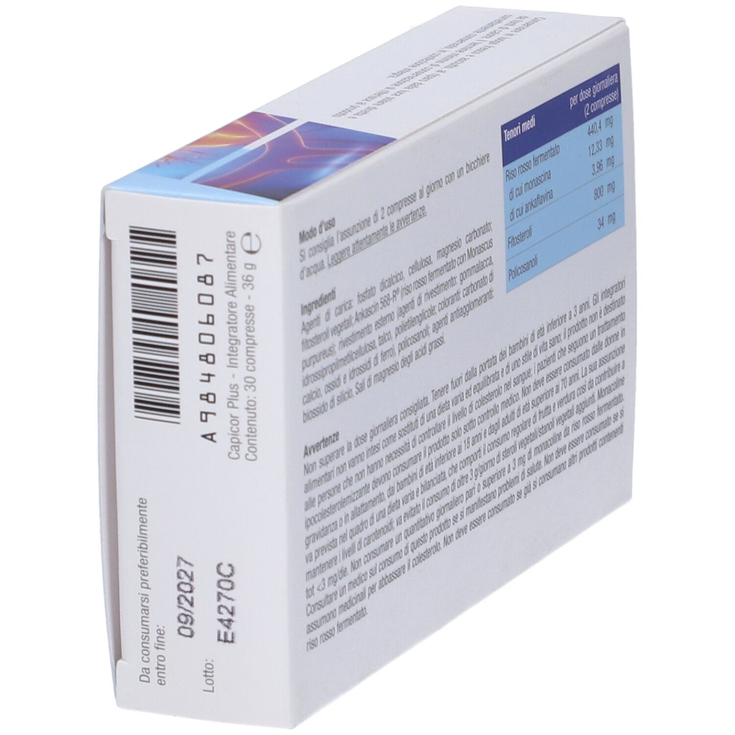 Scatola Capicor Plus, 30 compresse gastroprotette. Scritta: CAPICOR PLUS, 30 compresse gastroprotette. Ingredienti e dosaggio. Vista laterale.