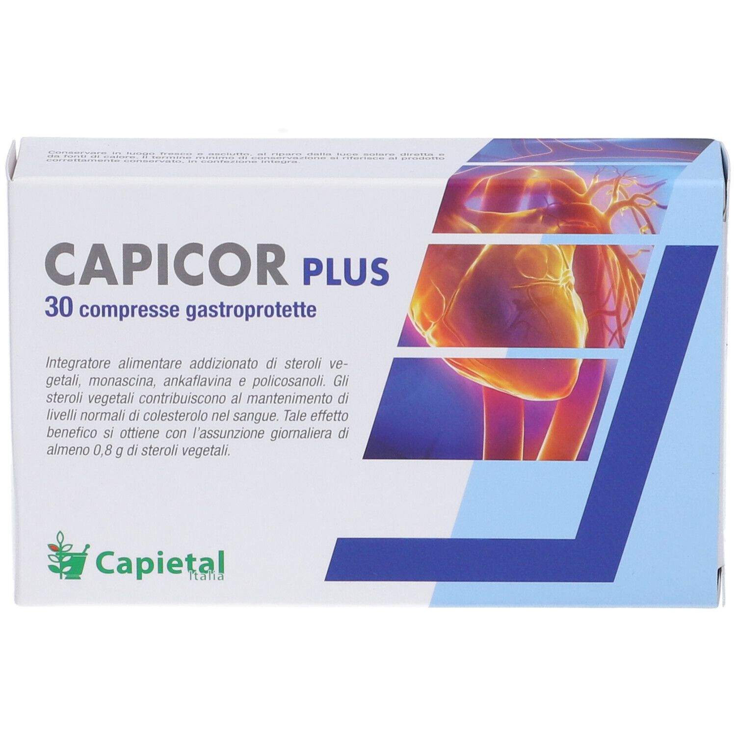 Scatola Capicor Plus, 30 compresse gastroprotette. Scritta: CAPICOR PLUS, 30 compresse gastroprotette. Logo Capietal. Immagine di un cuore.