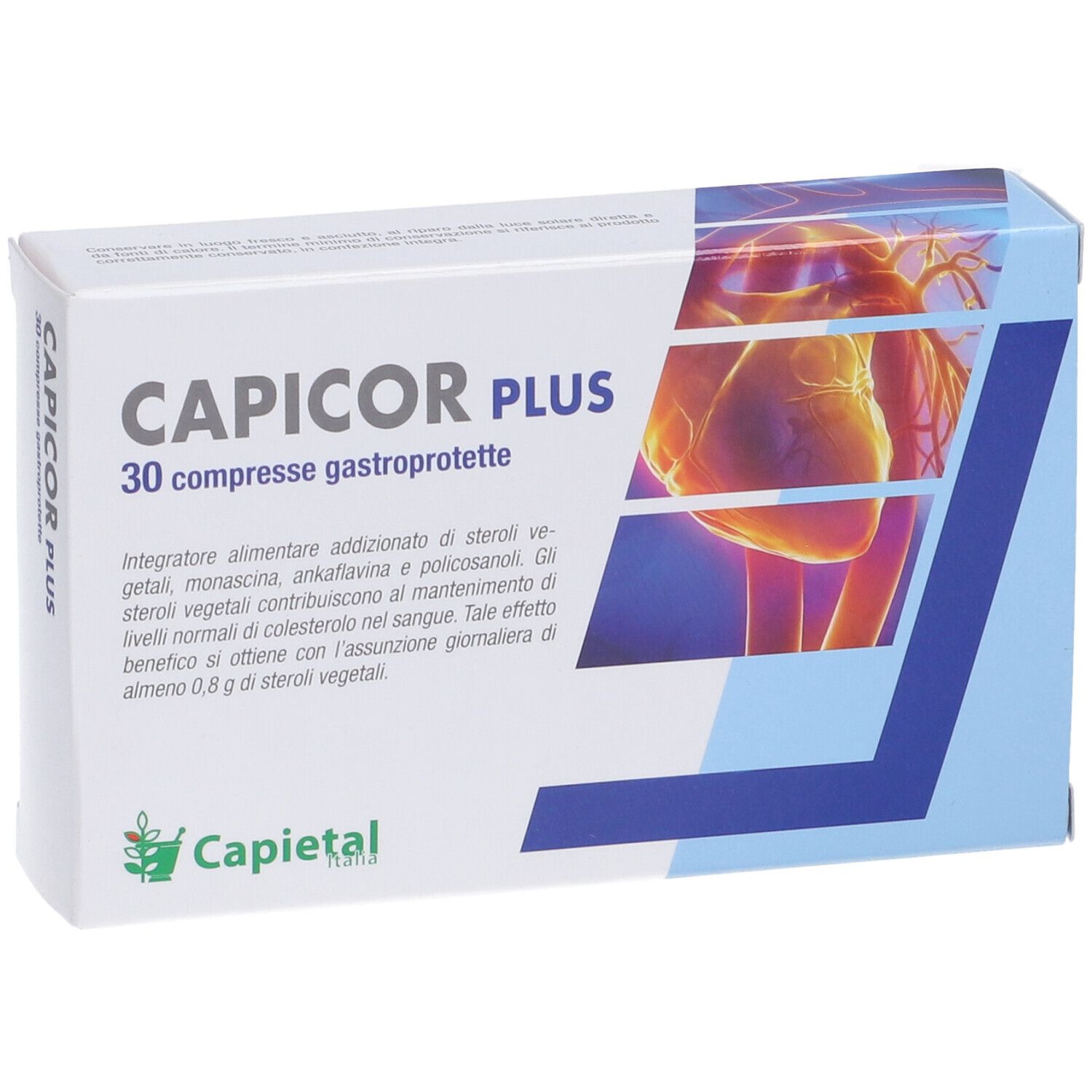 Scatola Capicor Plus, 30 compresse gastroprotette. Scritta: CAPICOR PLUS, 30 compresse gastroprotette. Logo Capietal. Immagine di un cuore.