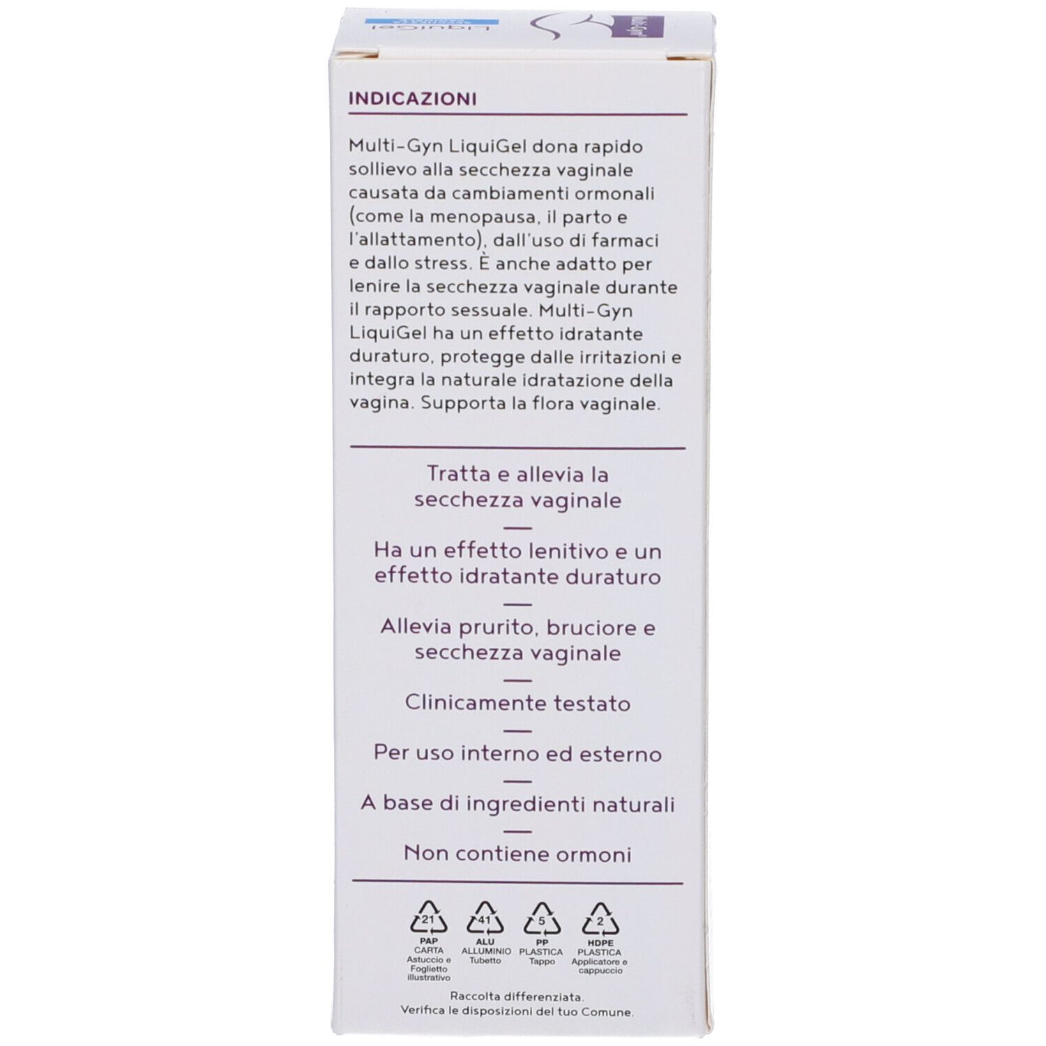 Confezione con testo in italiano. Descrive indicazioni e ingredienti. Contiene simboli di riciclaggio.