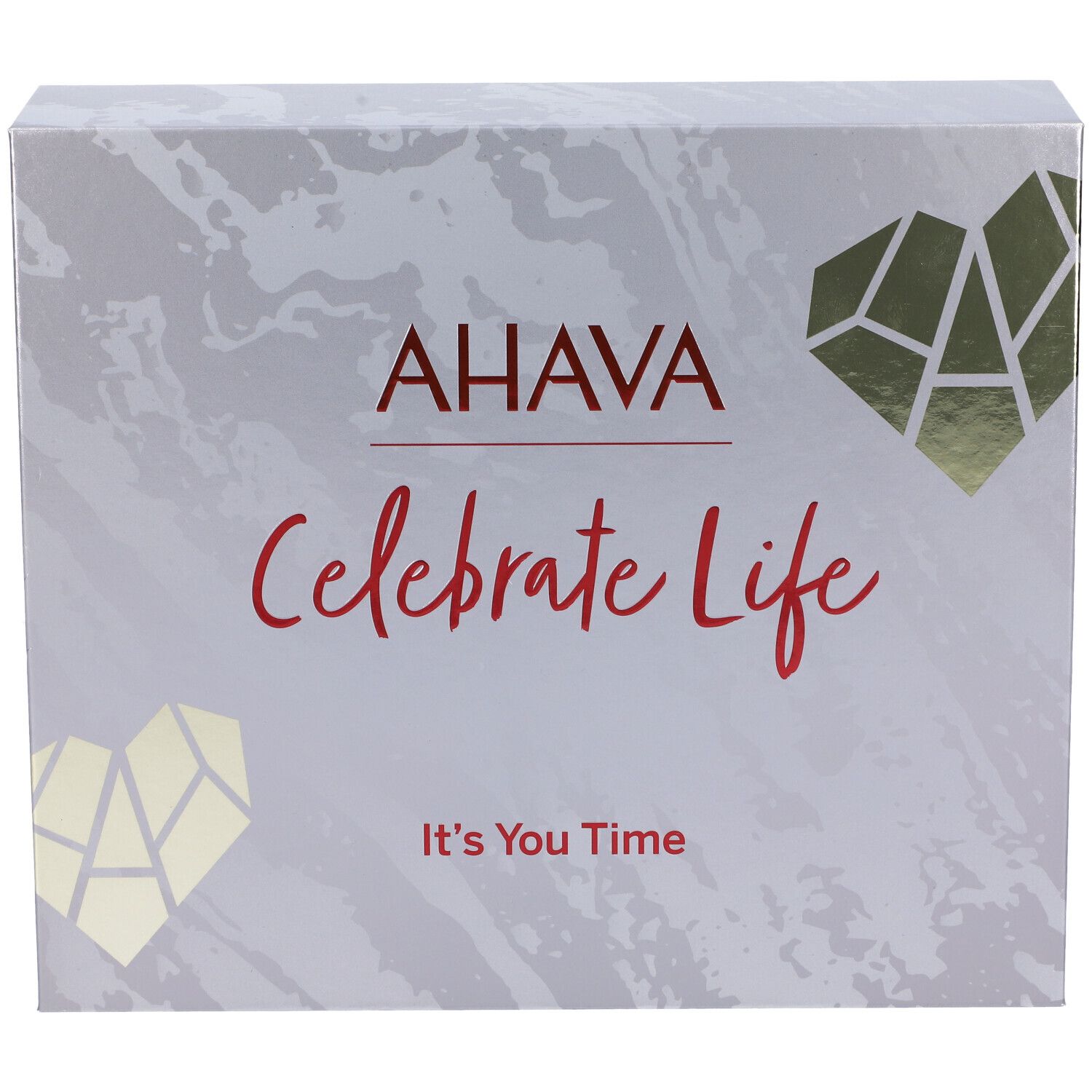 Confezione regalo AHAVA con logo e scritta Celebrate Life. Grafica a cuore dorata. Scritta: It's You Time.