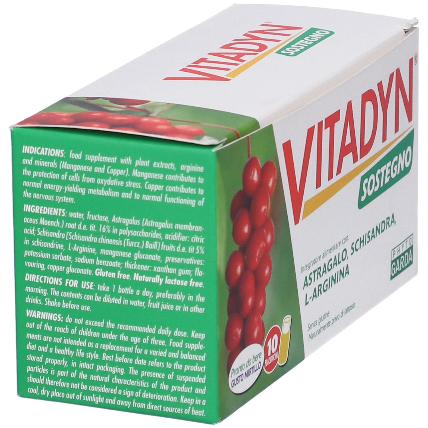Vitadyn Sostegno scatola, retro con indicazioni e ingredienti, 100ml.