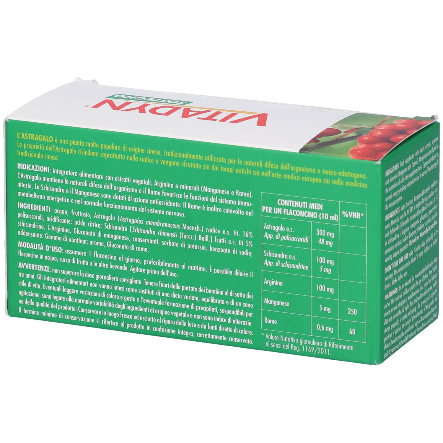 Vitadyn Sostegno scatola, lato con ingredienti e informazioni nutrizionali, 100ml.