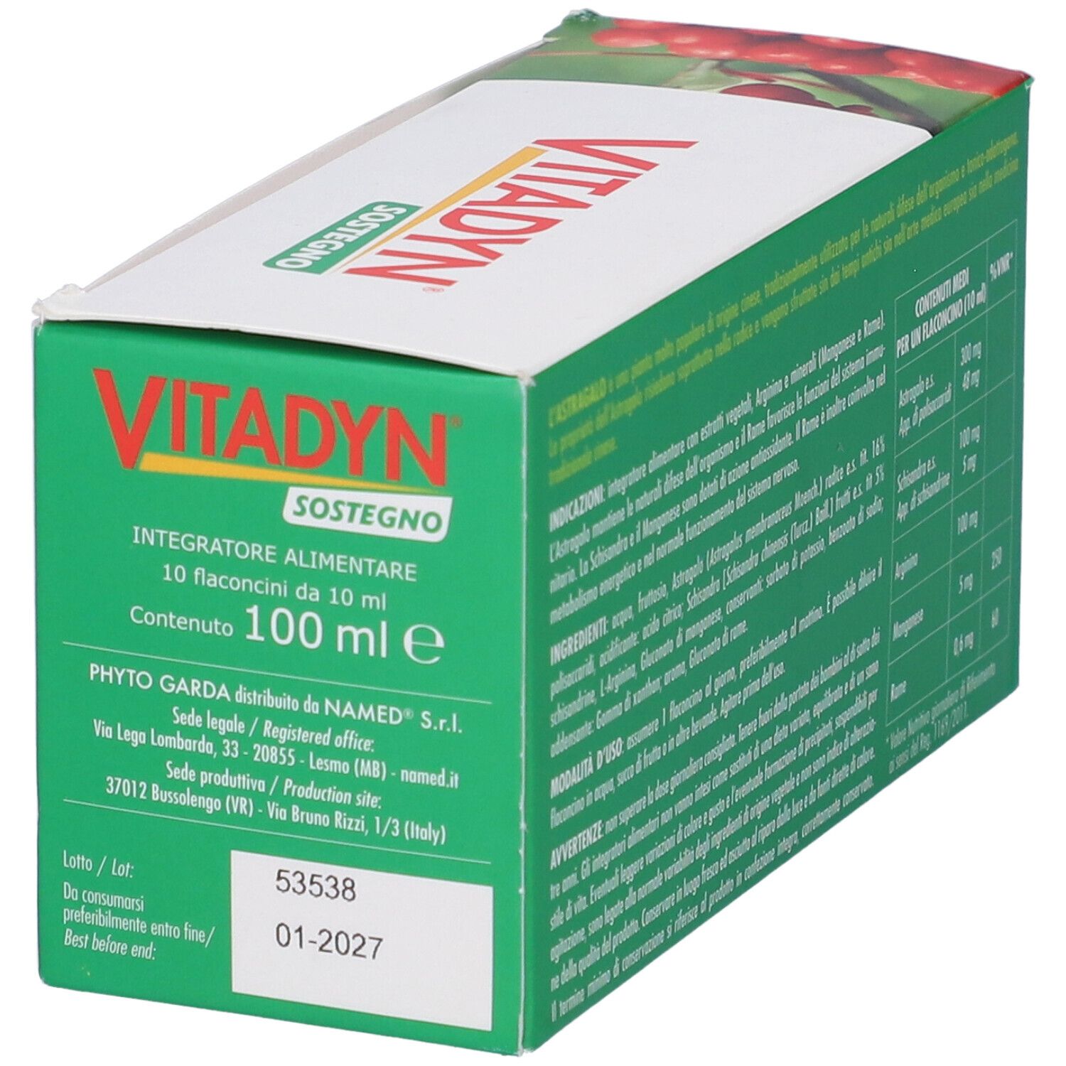 Vitadyn Sostegno scatola, lato con dati produttore e data scadenza, 100ml.