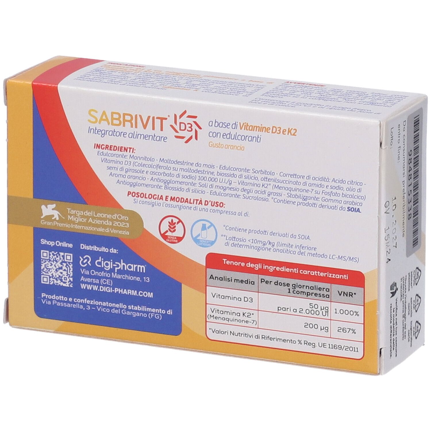 Retro della confezione Sabrivit D3. Contiene ingredienti, dosaggio e informazioni del produttore.