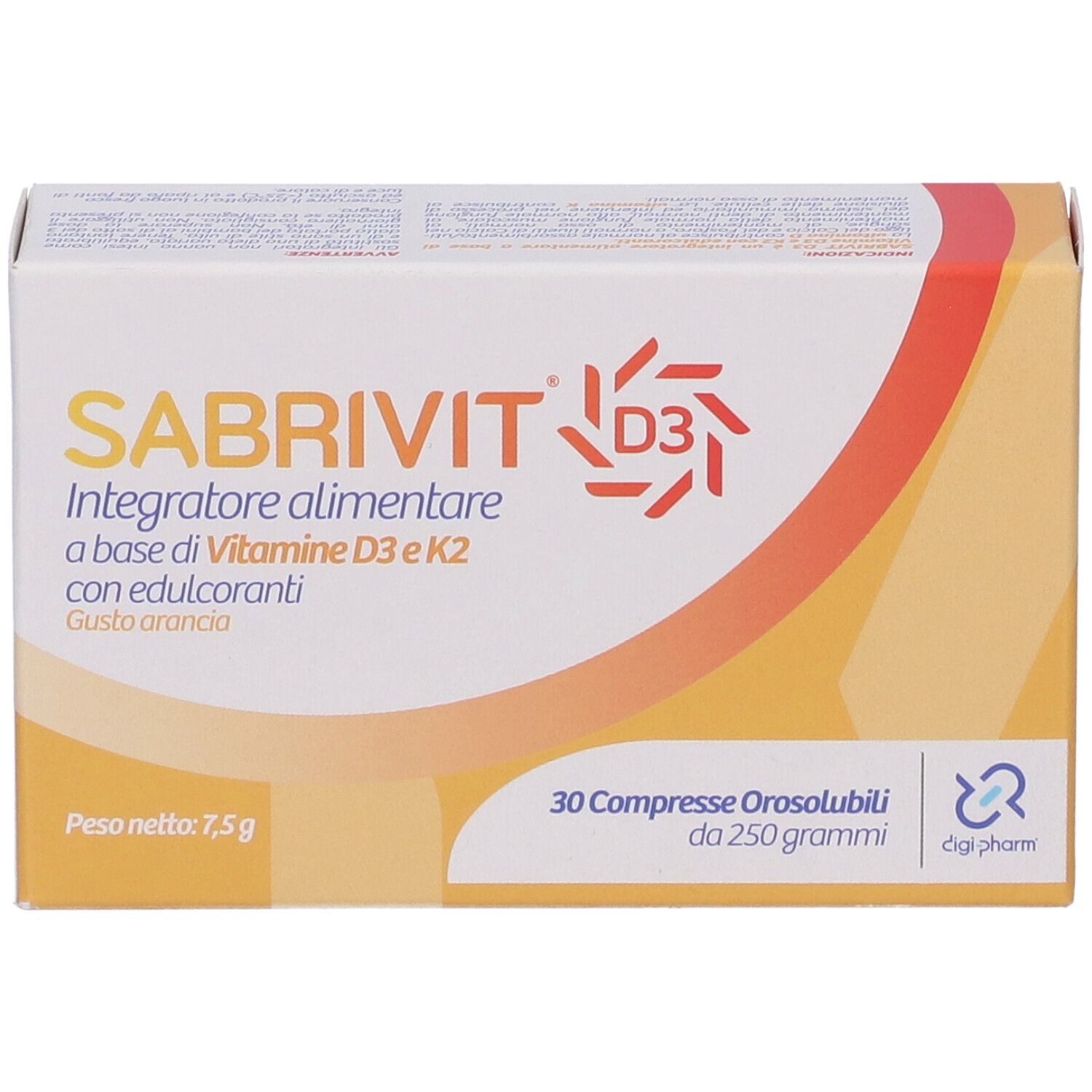 Confezione di Sabrivit D3. Integratore alimentare con vitamina D3 e K2, 30 compresse, gusto arancia.