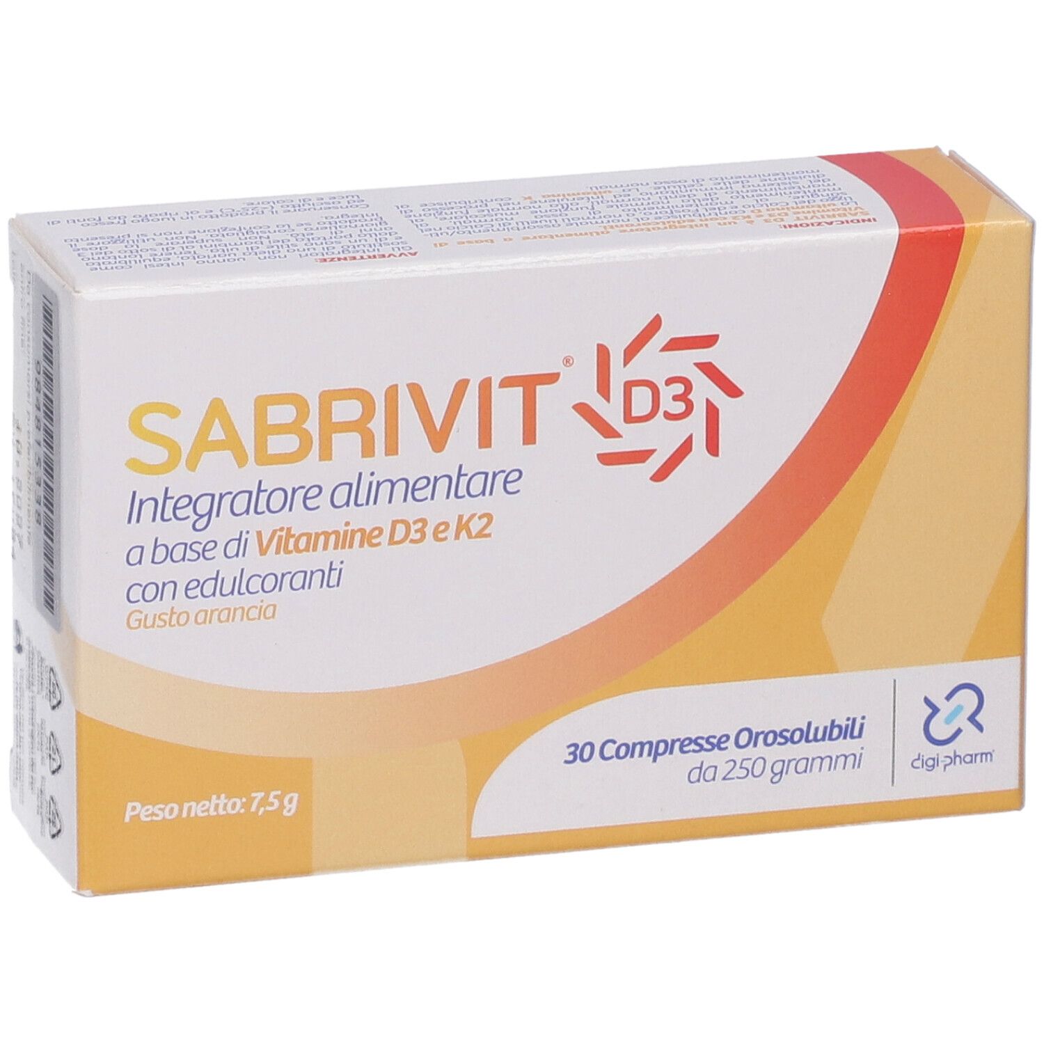 Confezione di Sabrivit D3. Integratore alimentare con vitamina D3 e K2, 30 compresse, gusto arancia.