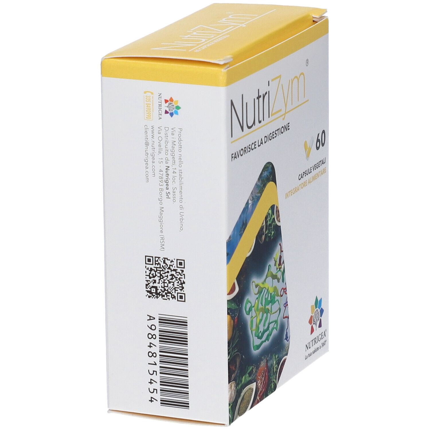 Scatola Nutrigea NutriZym, vista laterale. Testo e codice QR. Logo Nutrigea.