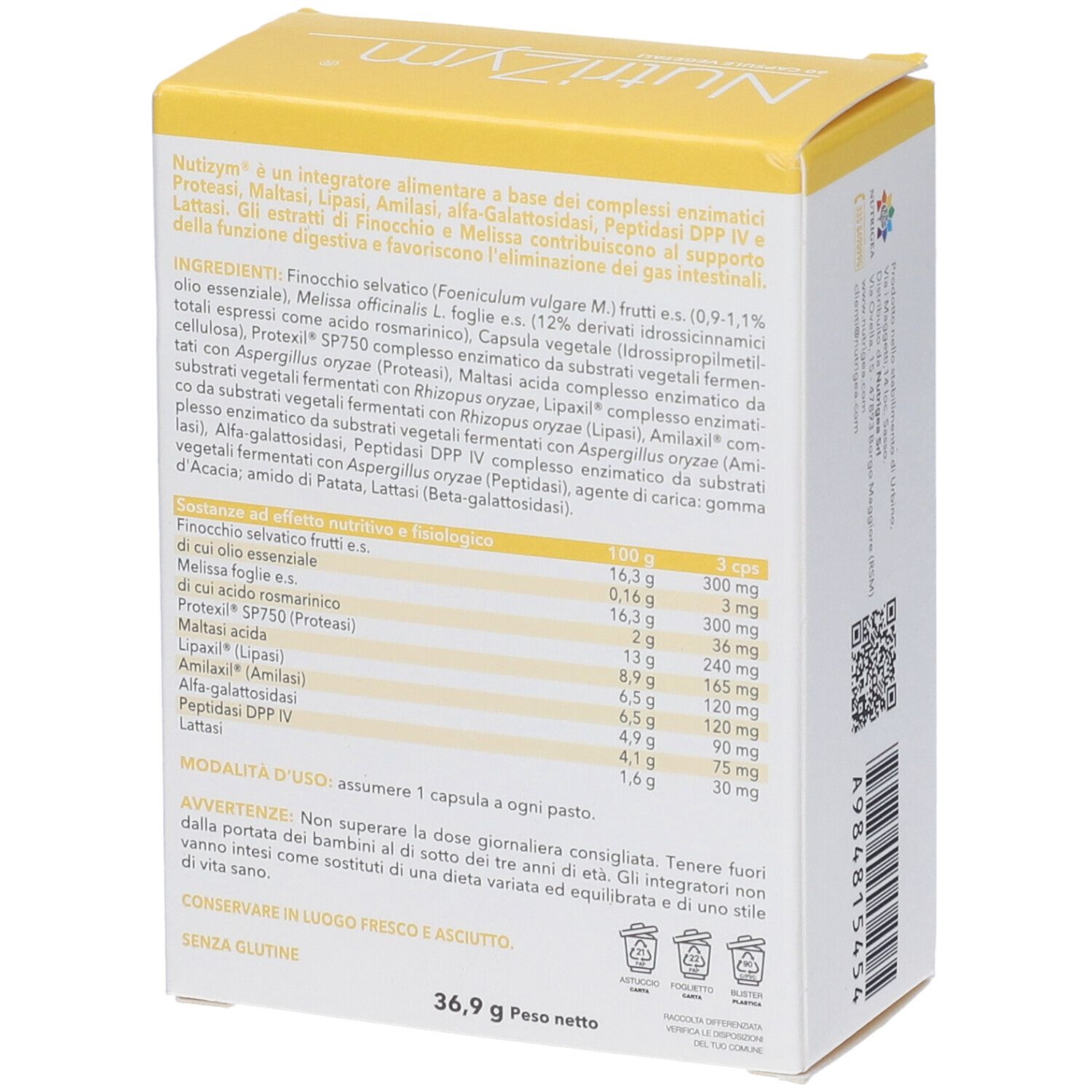 Retro della scatola Nutrigea NutriZym. Testo con ingredienti e avvertenze. Senza glutine.