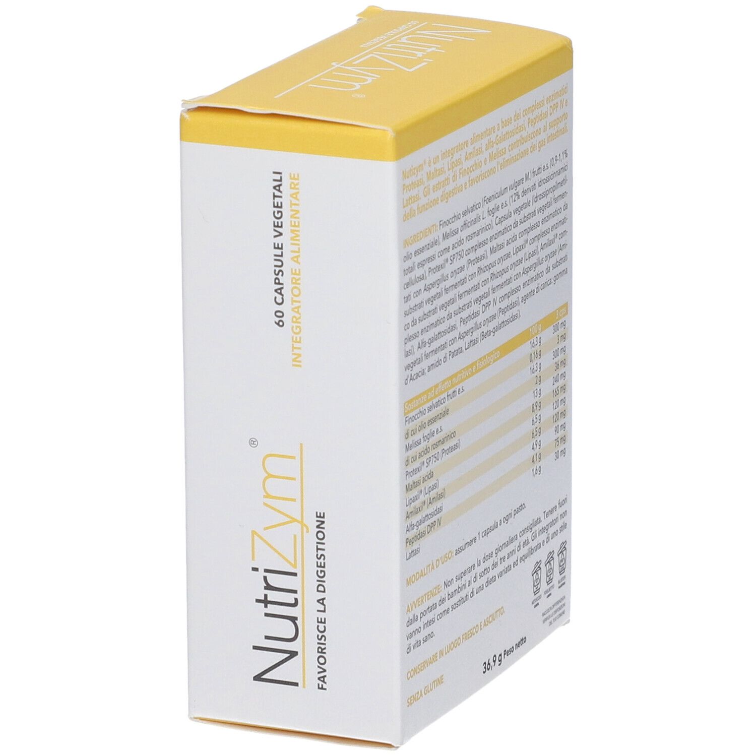Scatola Nutrigea NutriZym, vista obliqua. Scritta: 60 capsule, favorisce la digestione.