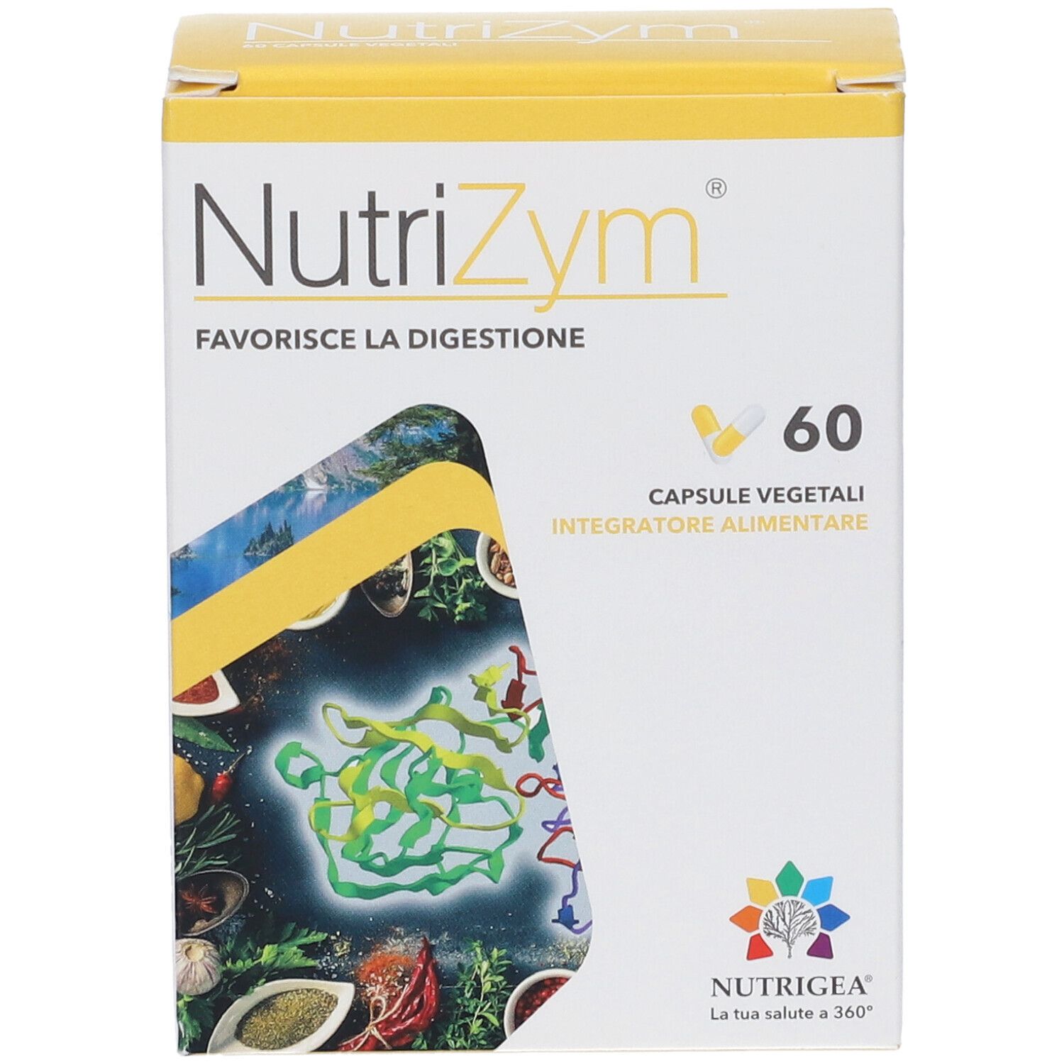 Scatola Nutrigea NutriZym. Scritta: 60 capsule, favorisce la digestione. Logo Nutrigea.