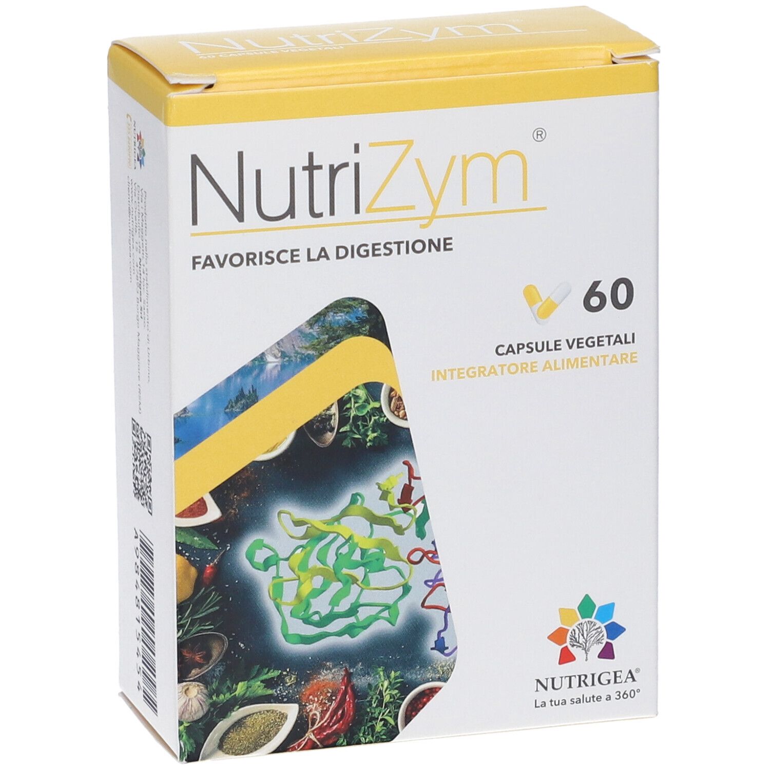 Scatola Nutrigea NutriZym. Scritta: 60 capsule, favorisce la digestione. Logo Nutrigea.