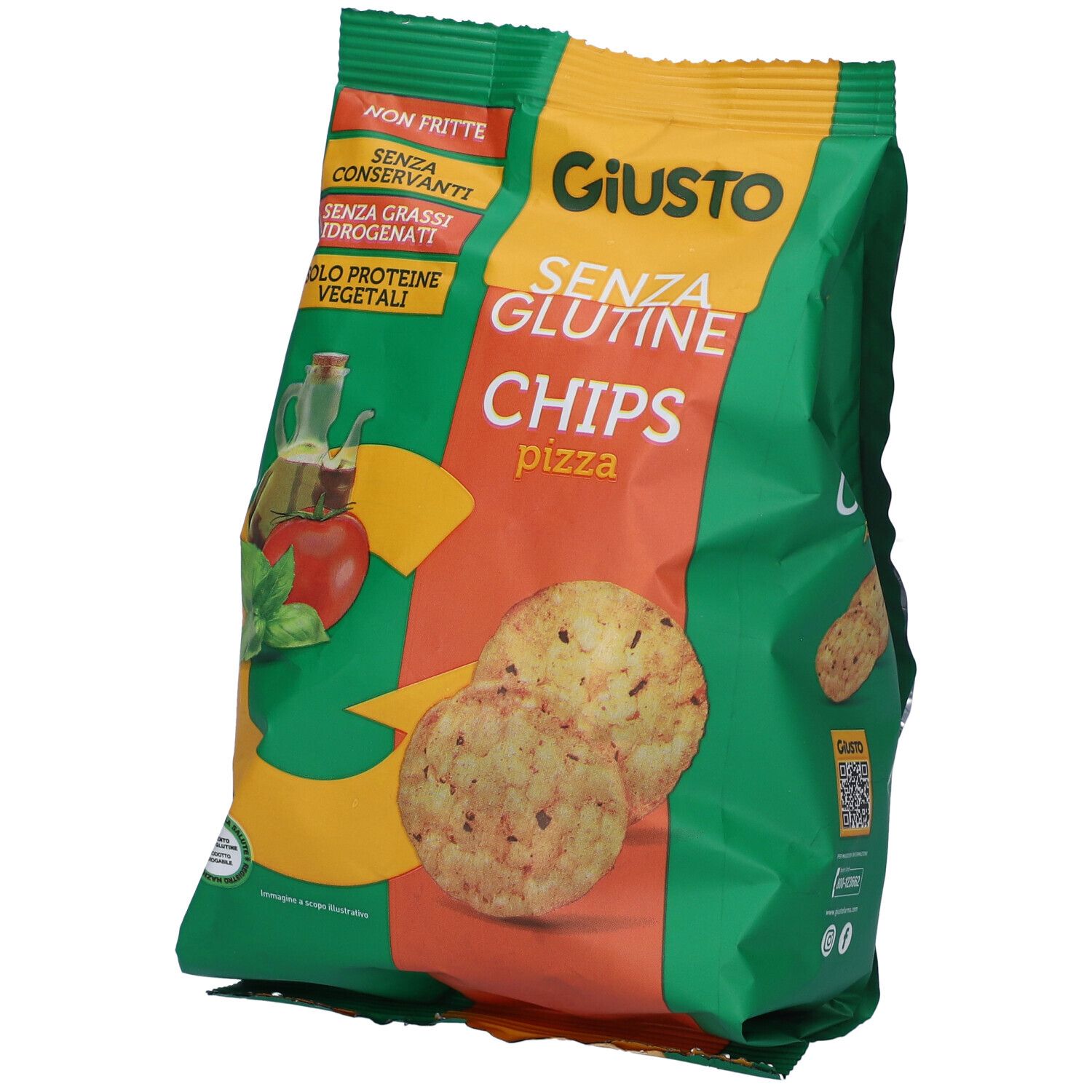 Confezione verde di patatine Giusto Senza Glutine Pizza. Immagini di patatine e ingredienti. Testo: Non Frite, Senza Glutine, Pizza.